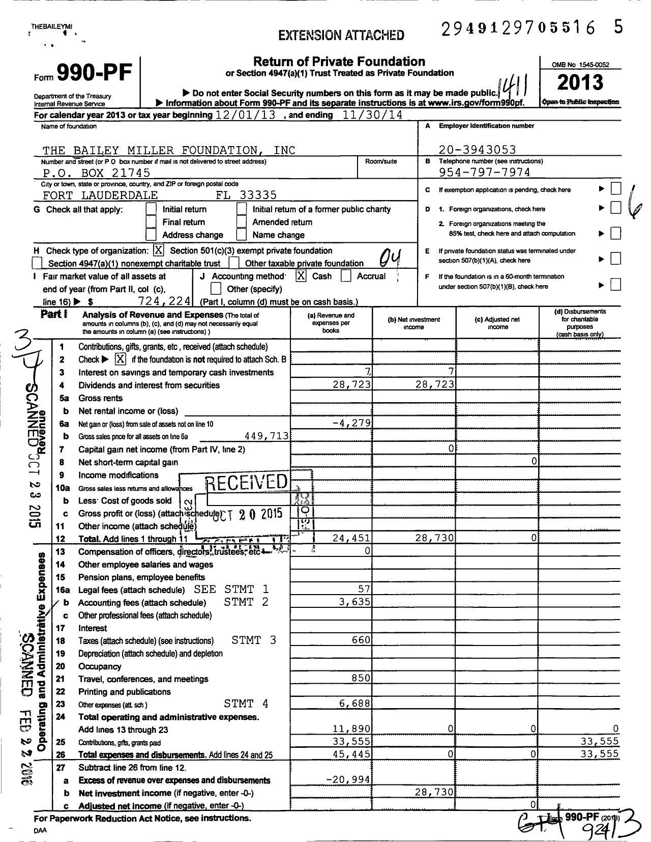 Image of first page of 2013 Form 990PF for The Bailey Miller Foundation
