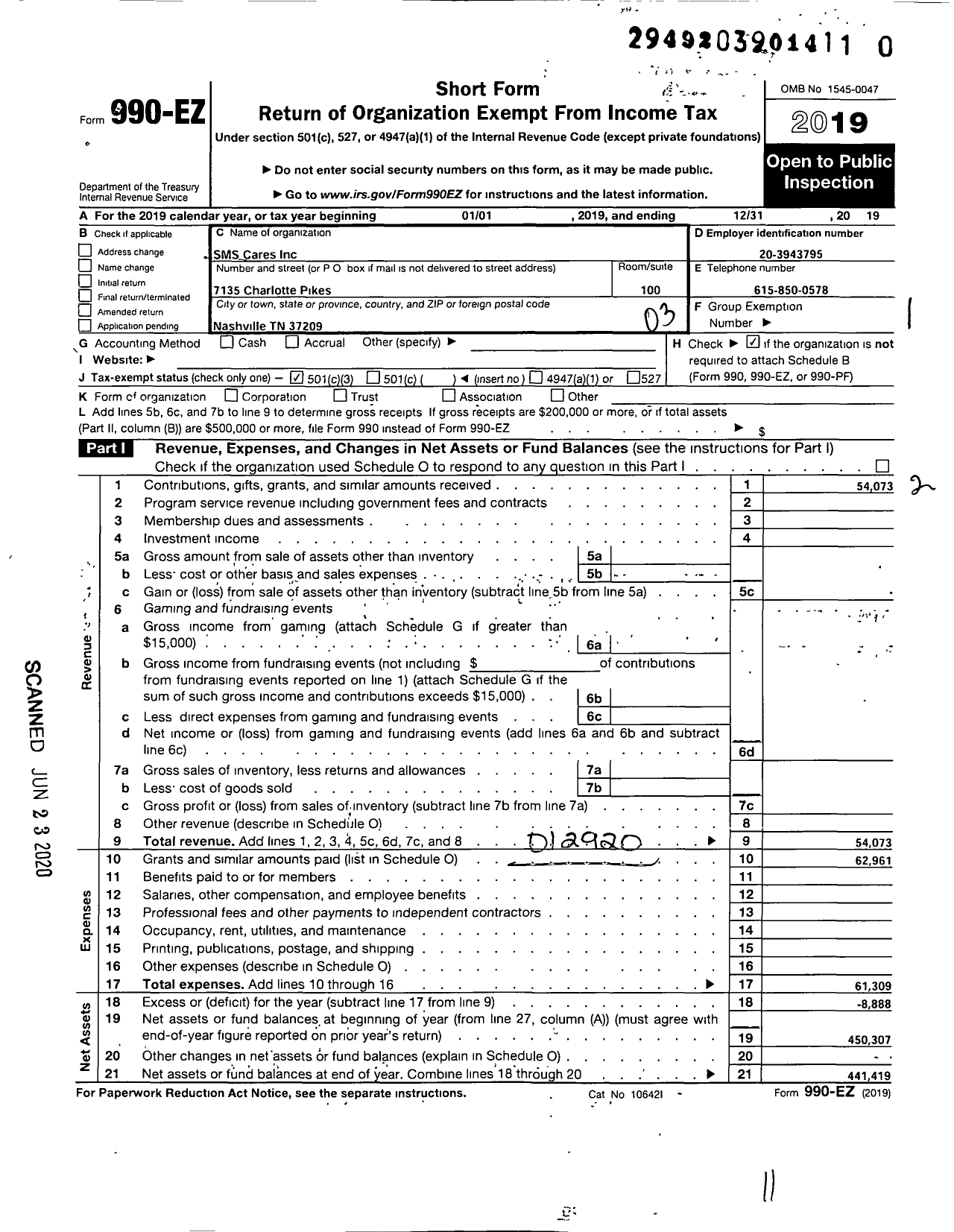 Image of first page of 2019 Form 990EZ for SMS Cares