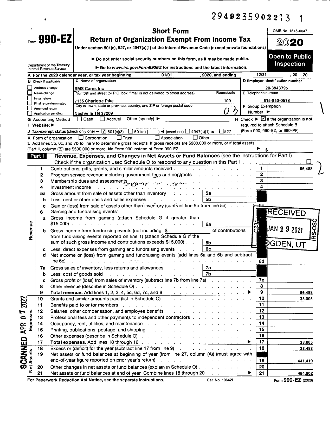 Image of first page of 2020 Form 990EZ for SMS Cares