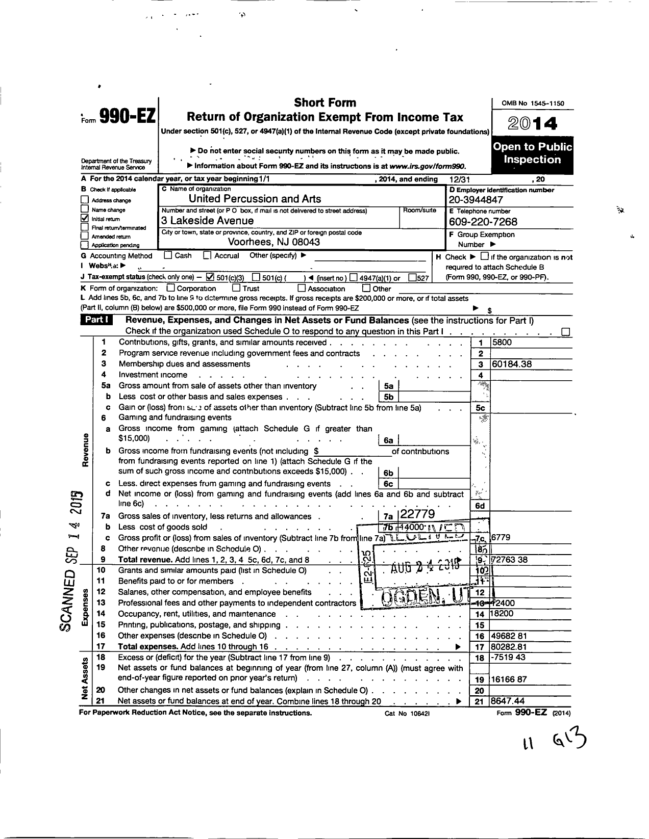 Image of first page of 2014 Form 990EZ for United Percussion and Arts