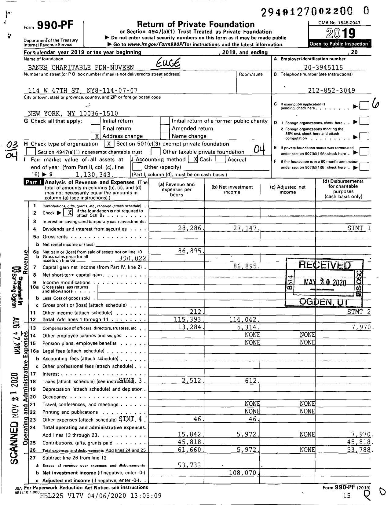 Image of first page of 2019 Form 990PF for Banks Charitable Fdn-Nuveen