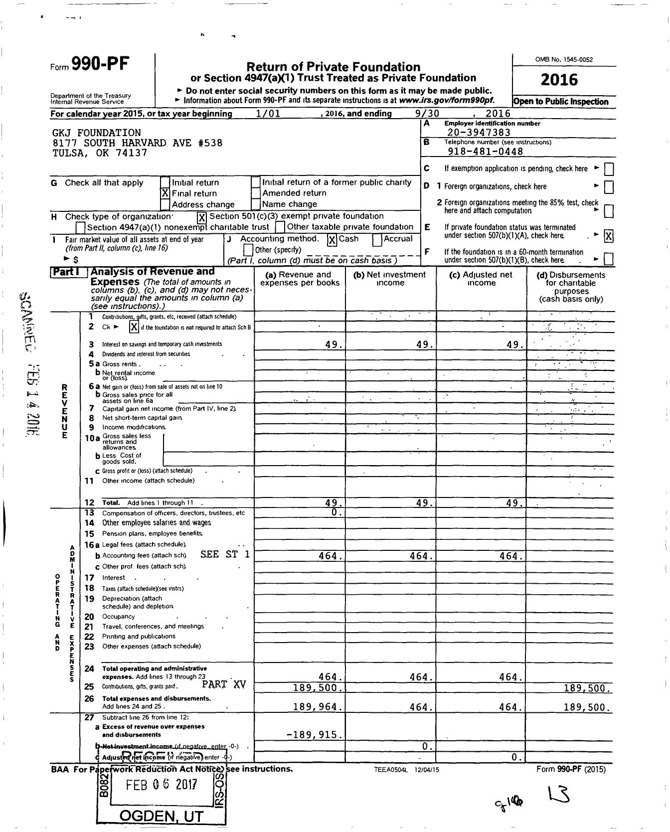 Image of first page of 2015 Form 990PF for GKJ Foundation