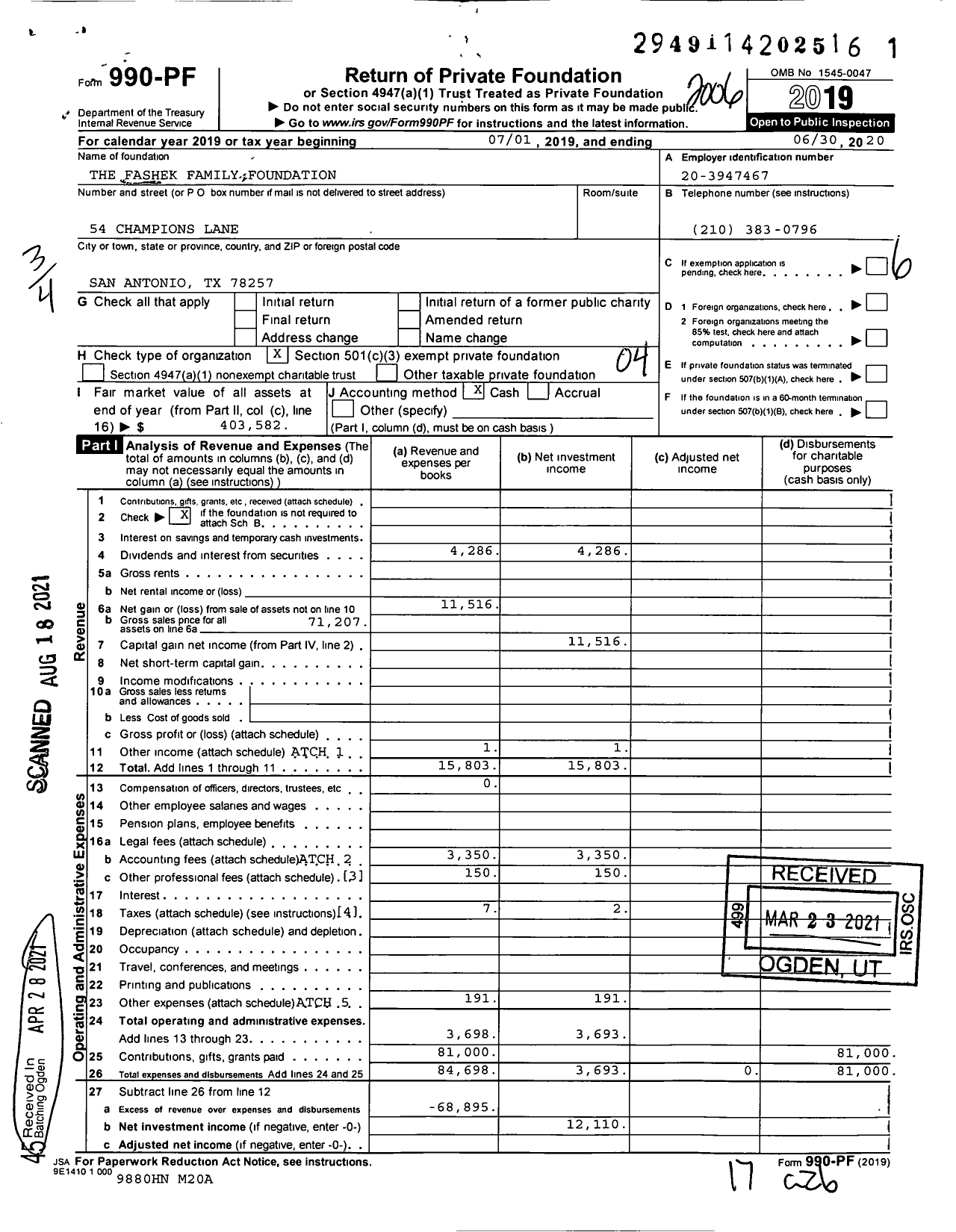 Image of first page of 2019 Form 990PF for The Fashek Family Foundation