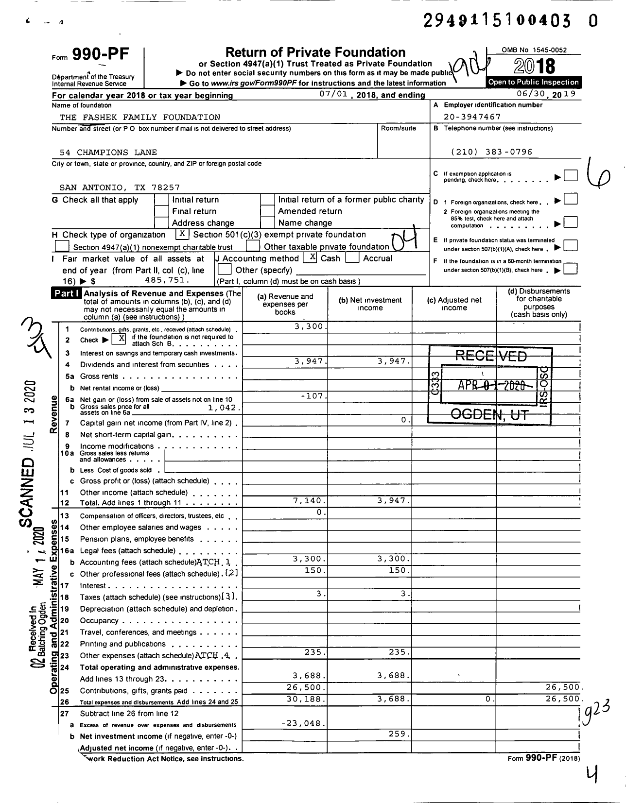 Image of first page of 2018 Form 990PR for The Fashek Family Foundation