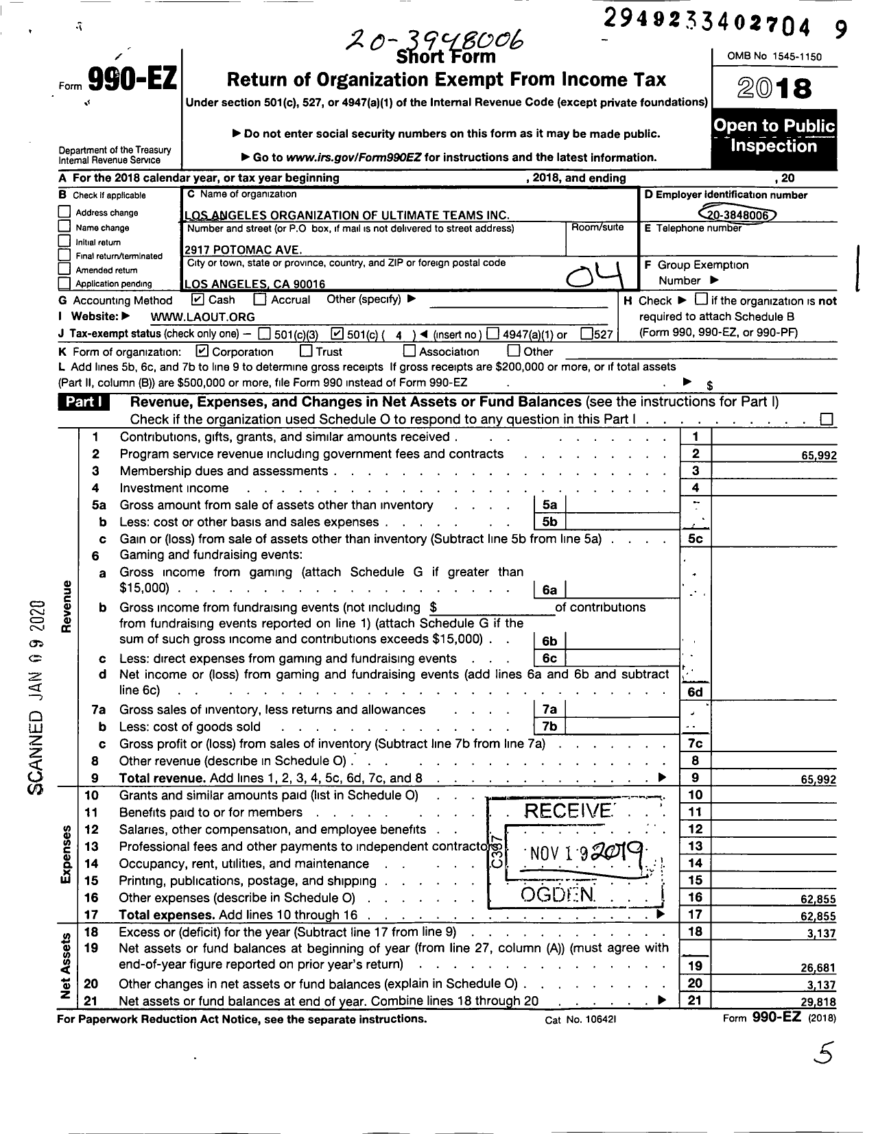 Image of first page of 2018 Form 990EO for Los Angeles Organization of Ultimate Teams