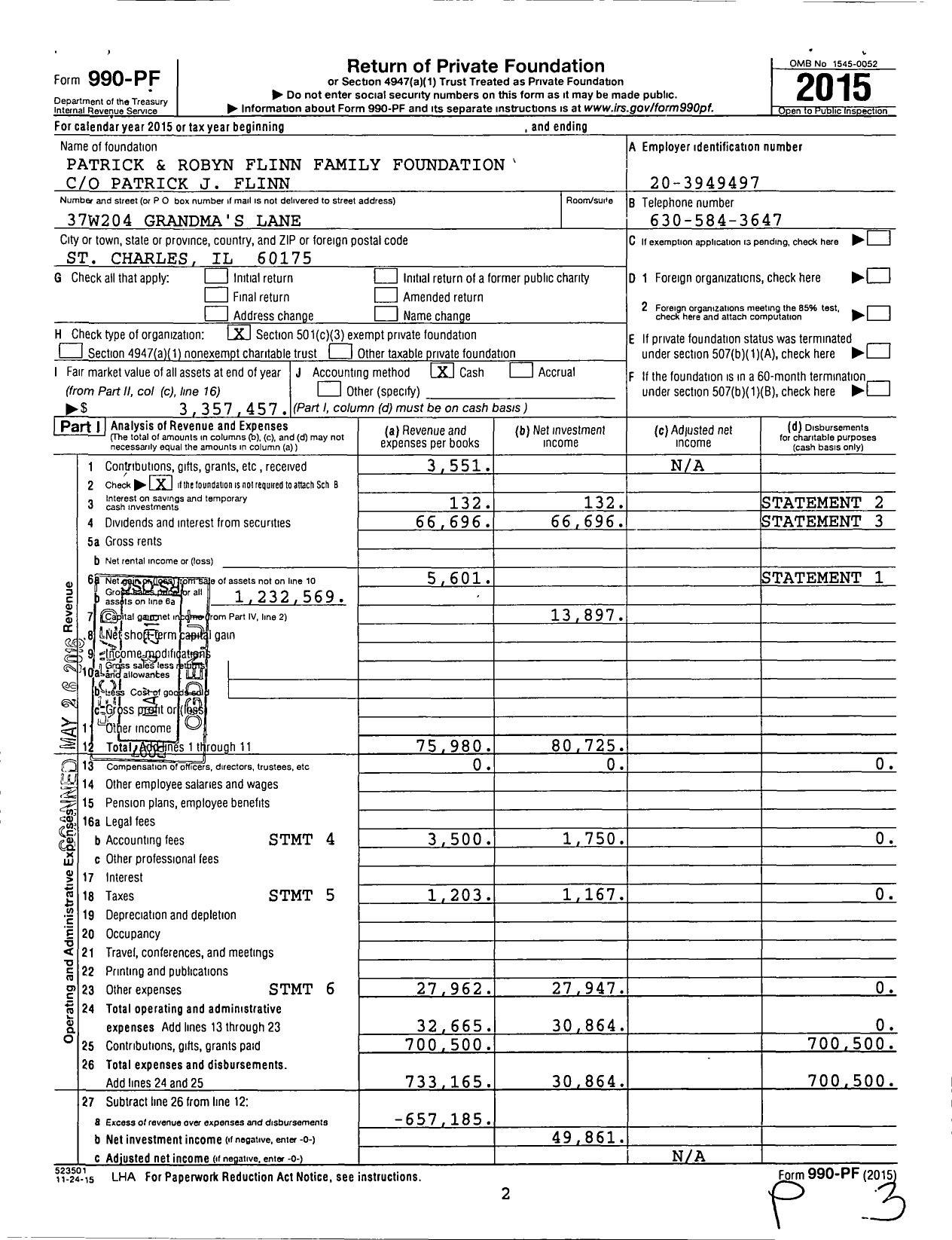 Image of first page of 2015 Form 990PF for Patrick and Robyn Flinn Family Foundation