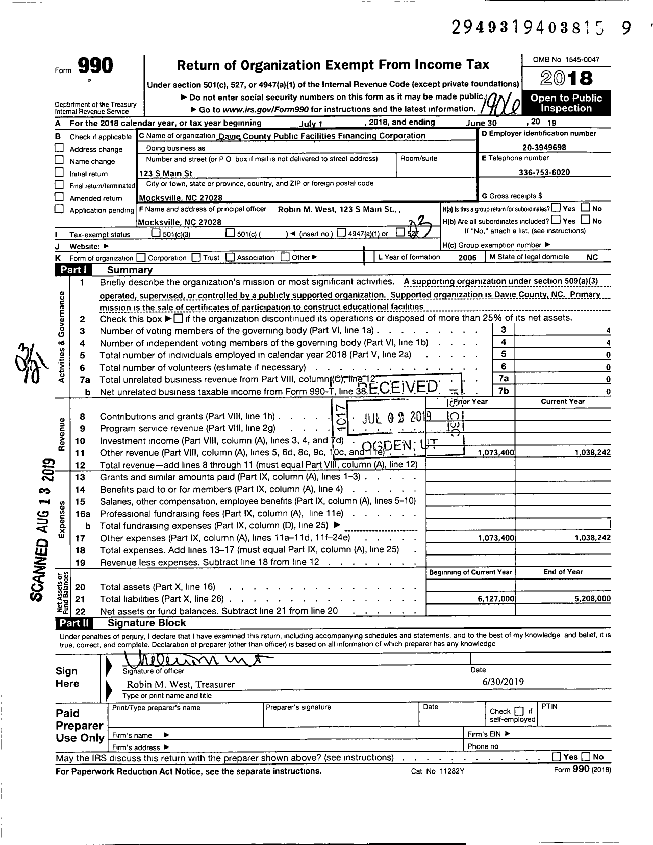 Image of first page of 2018 Form 990 for Davie County Public Facilitiesfinancing Corporation