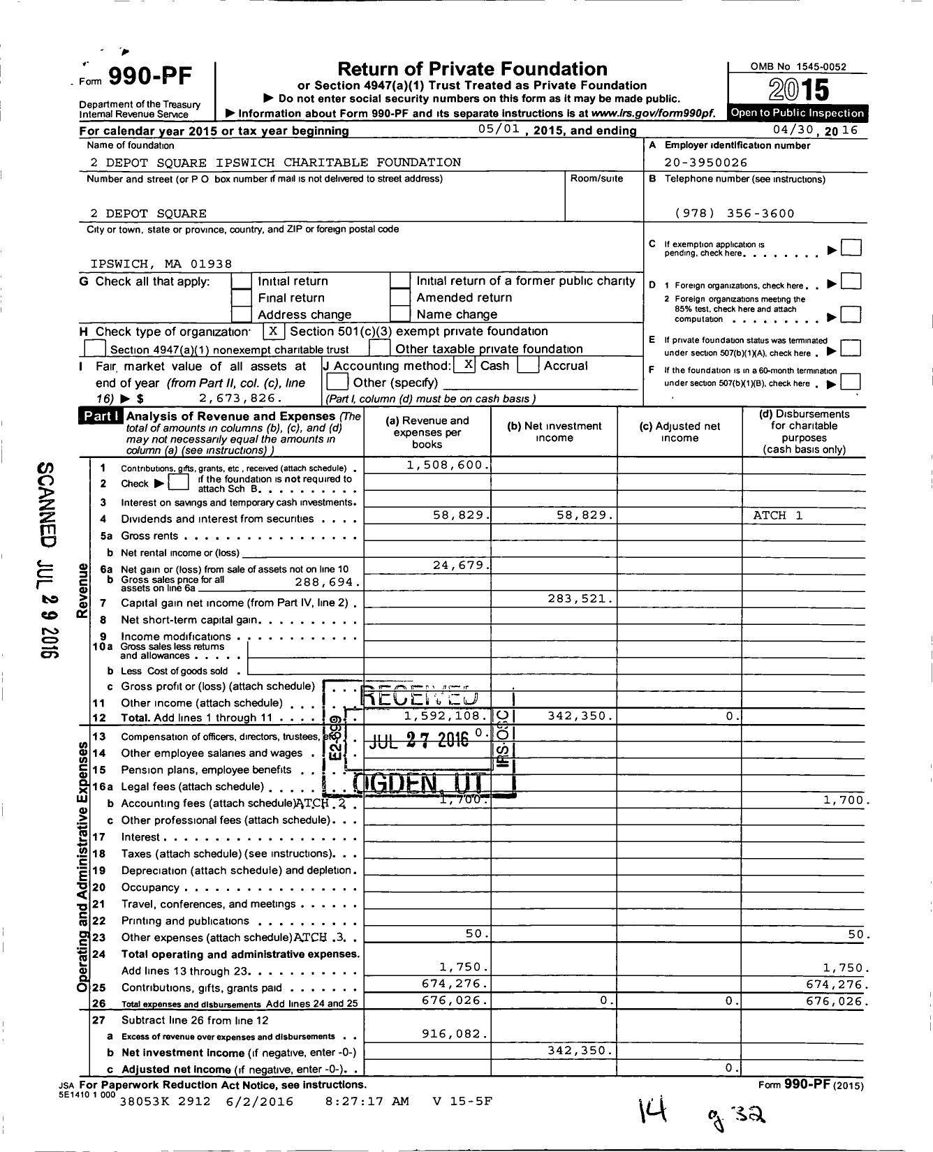 Image of first page of 2015 Form 990PF for 2 Depot Square Ipswich Charitable Foundation
