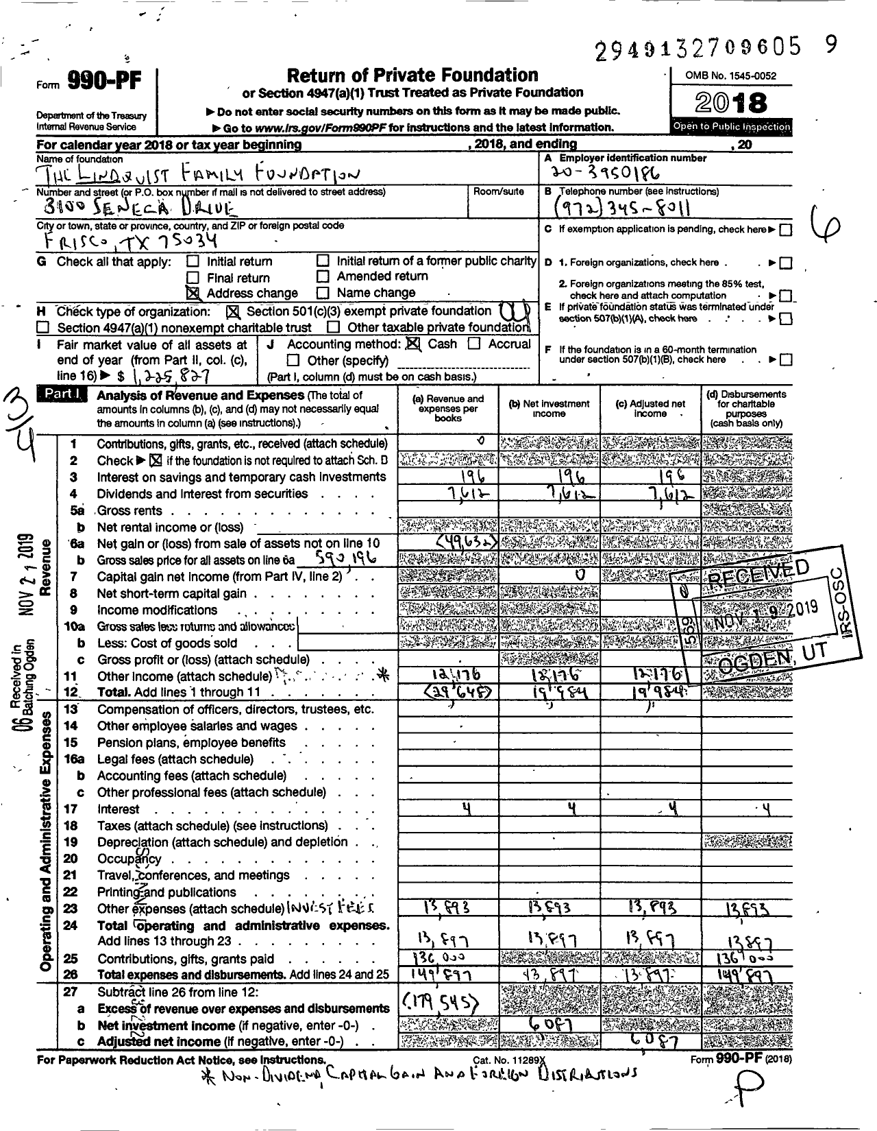 Image of first page of 2018 Form 990PF for Lindquist Family Foundation