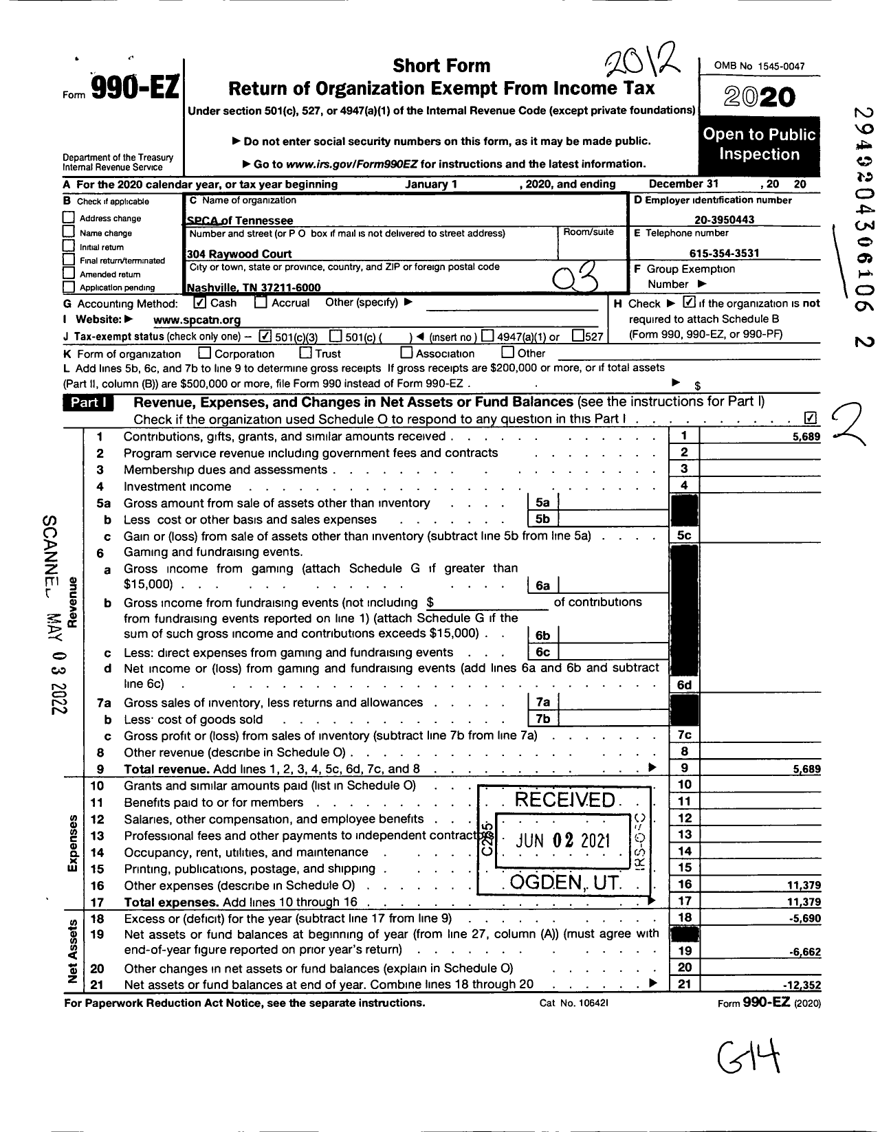 Image of first page of 2020 Form 990EZ for Spca of Tennessee