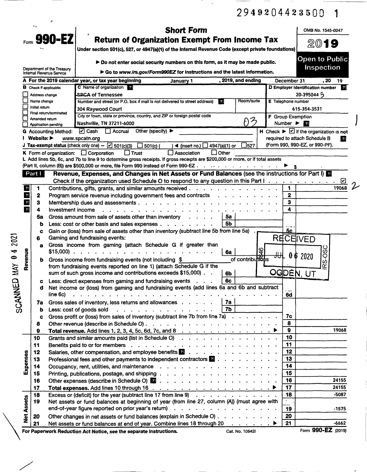 Image of first page of 2019 Form 990EZ for Spca of Tennessee