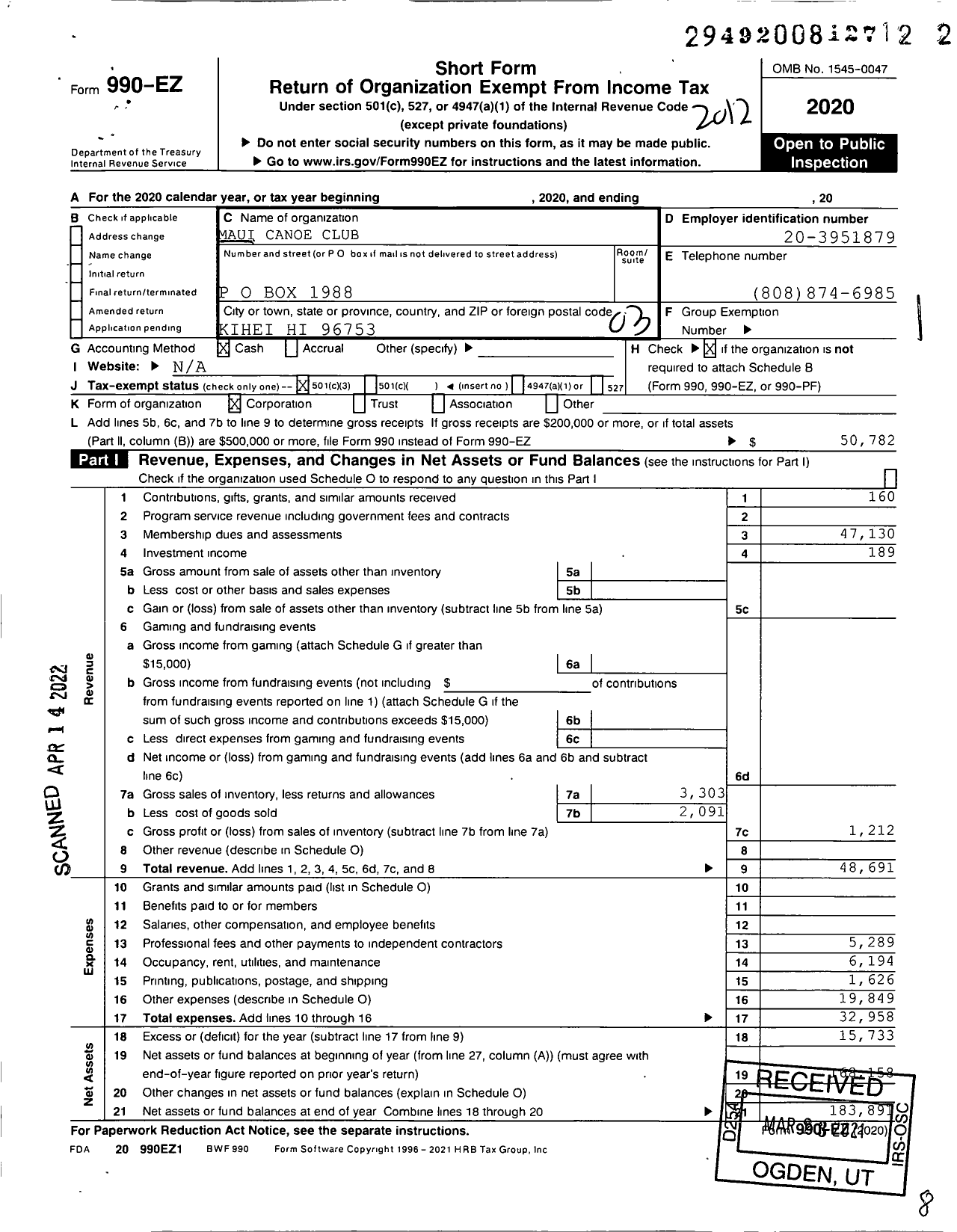 Image of first page of 2020 Form 990EZ for Maui Canoe Club