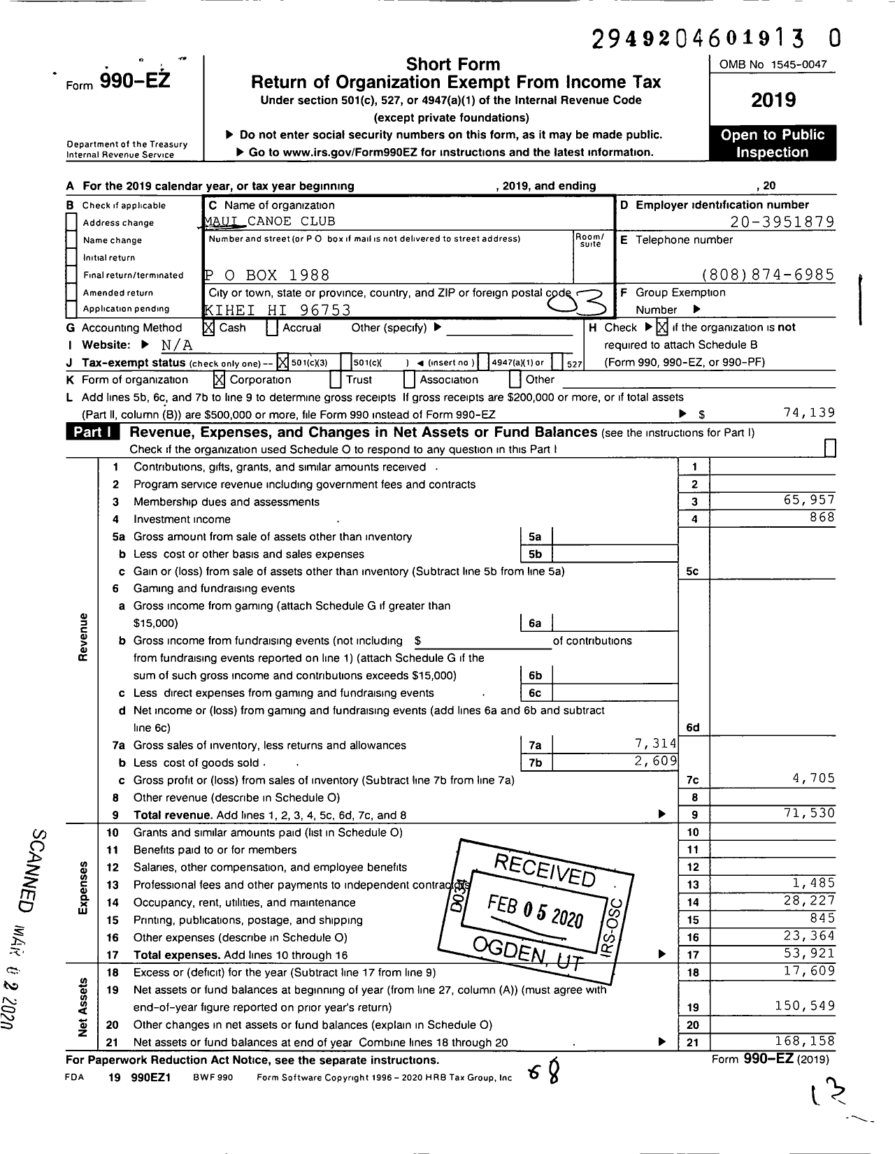 Image of first page of 2019 Form 990EZ for Maui Canoe Club