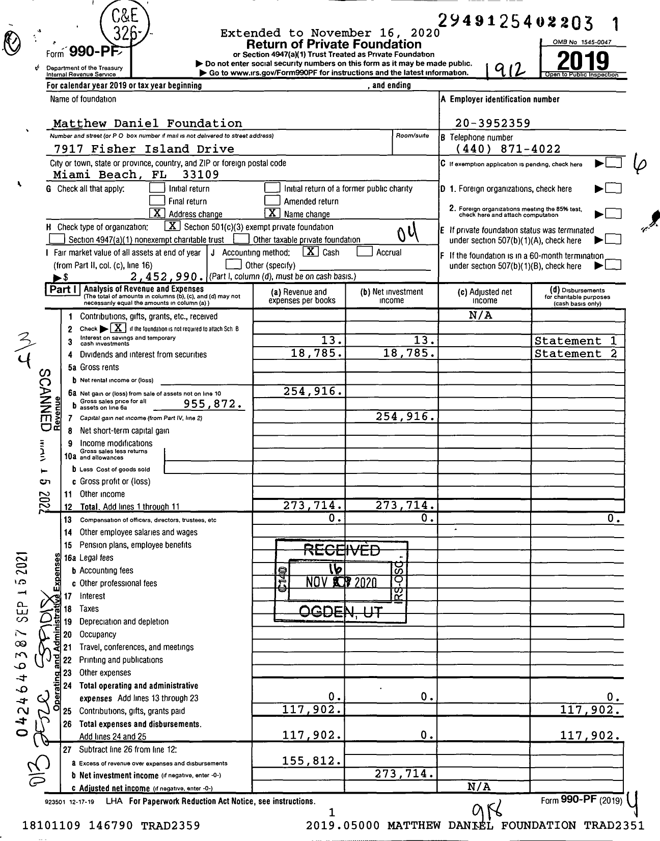 Image of first page of 2019 Form 990PF for Matthew Daniel Foundation