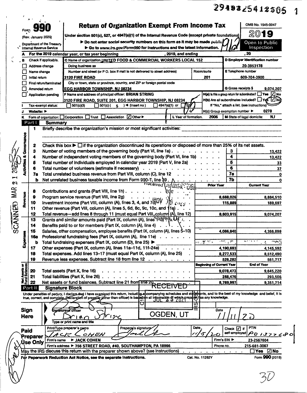 Image of first page of 2019 Form 990O for United Food and Commercial Workers Local 152