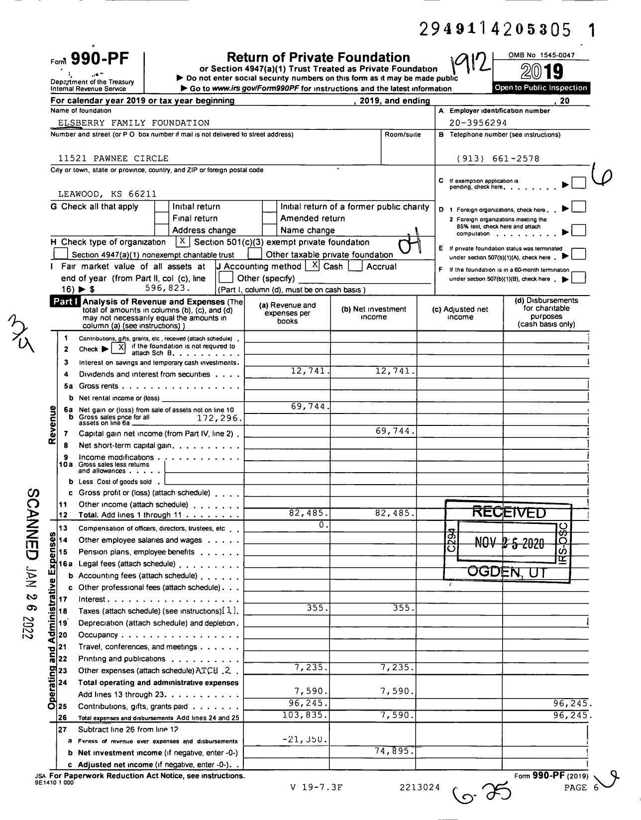 Image of first page of 2019 Form 990PF for Elsberry Family Foundation