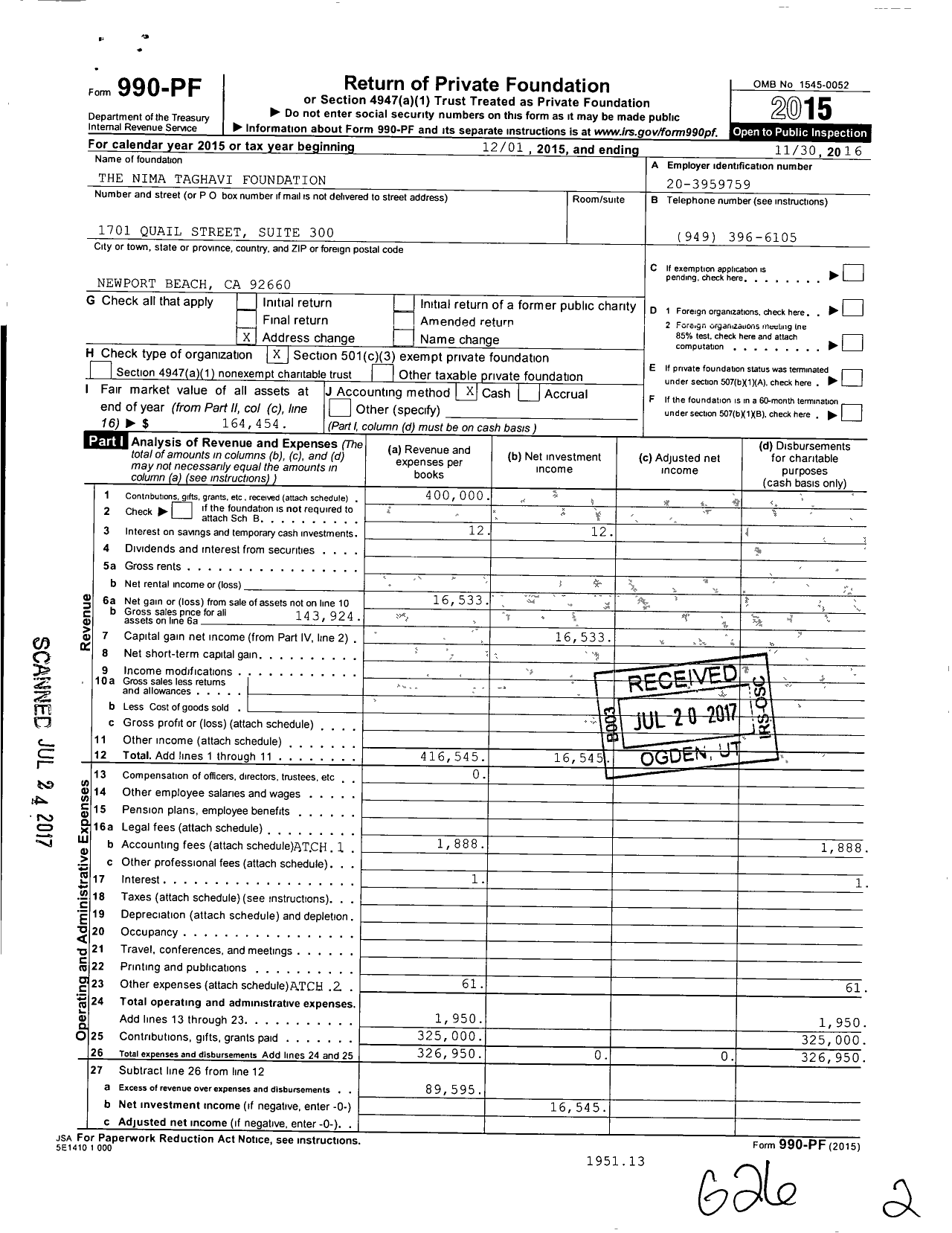 Image of first page of 2015 Form 990PF for The Nima Taghavi Foundation