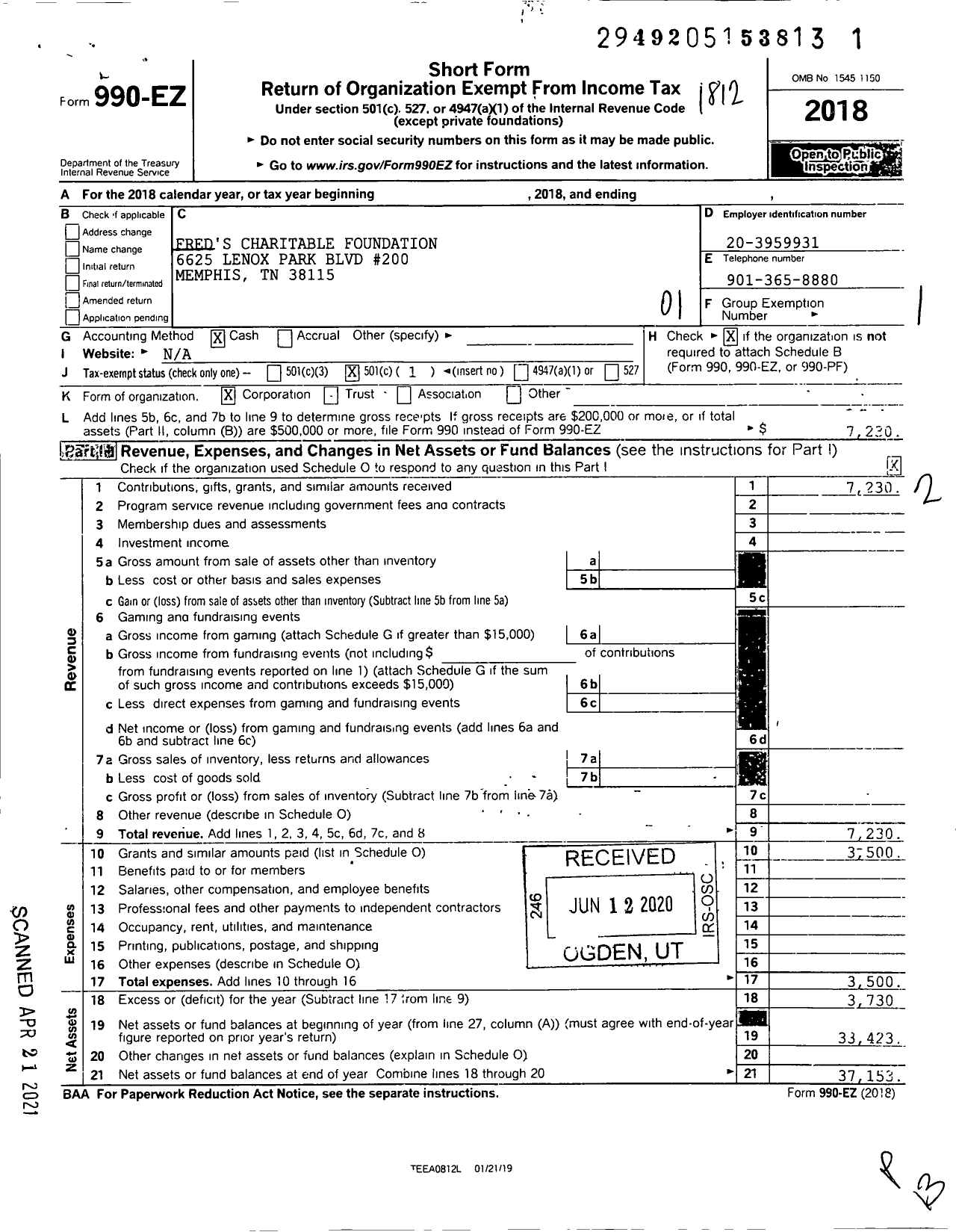 Image of first page of 2018 Form 990EO for Fred's Charitable Foundation