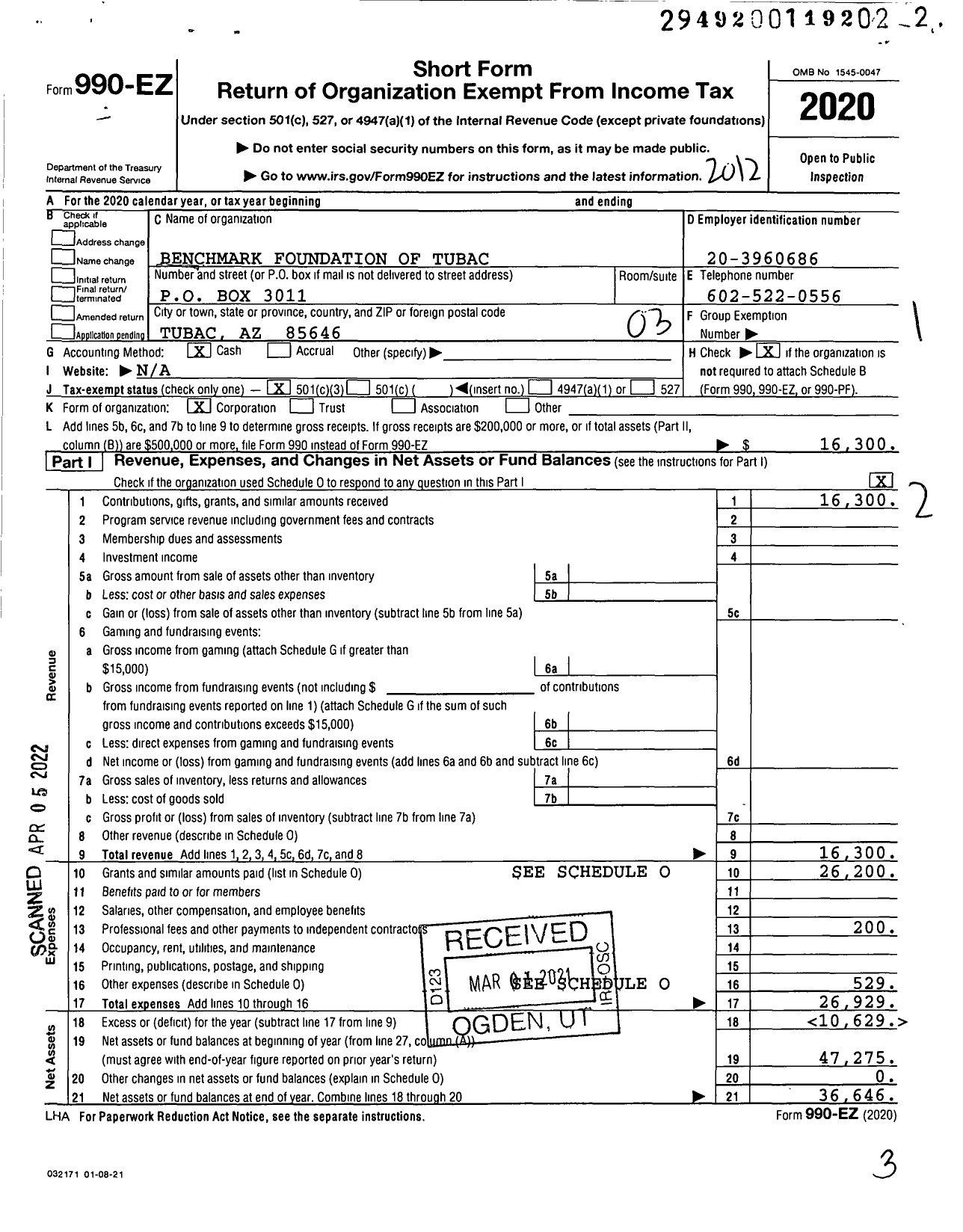 Image of first page of 2020 Form 990EZ for Benchmark Foundation of Tubac