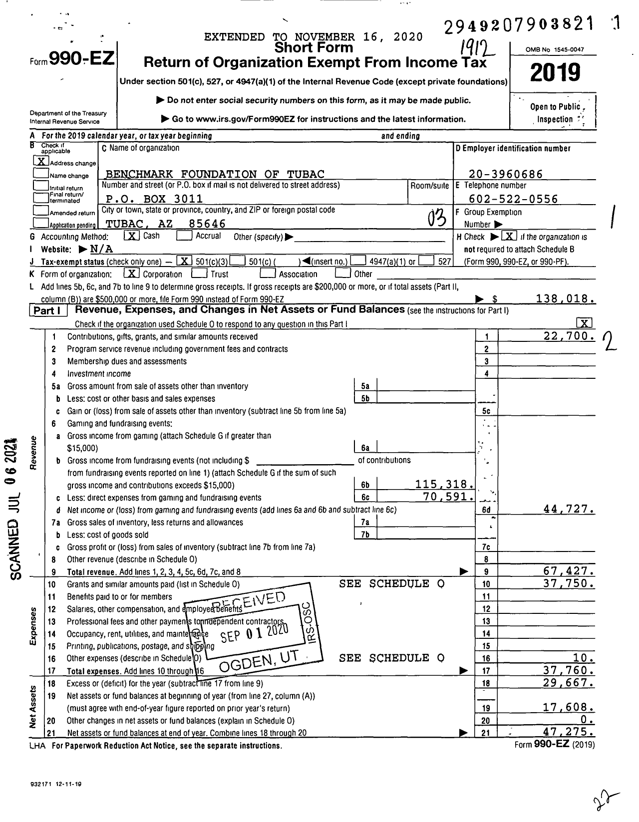 Image of first page of 2019 Form 990EZ for Benchmark Foundation of Tubac