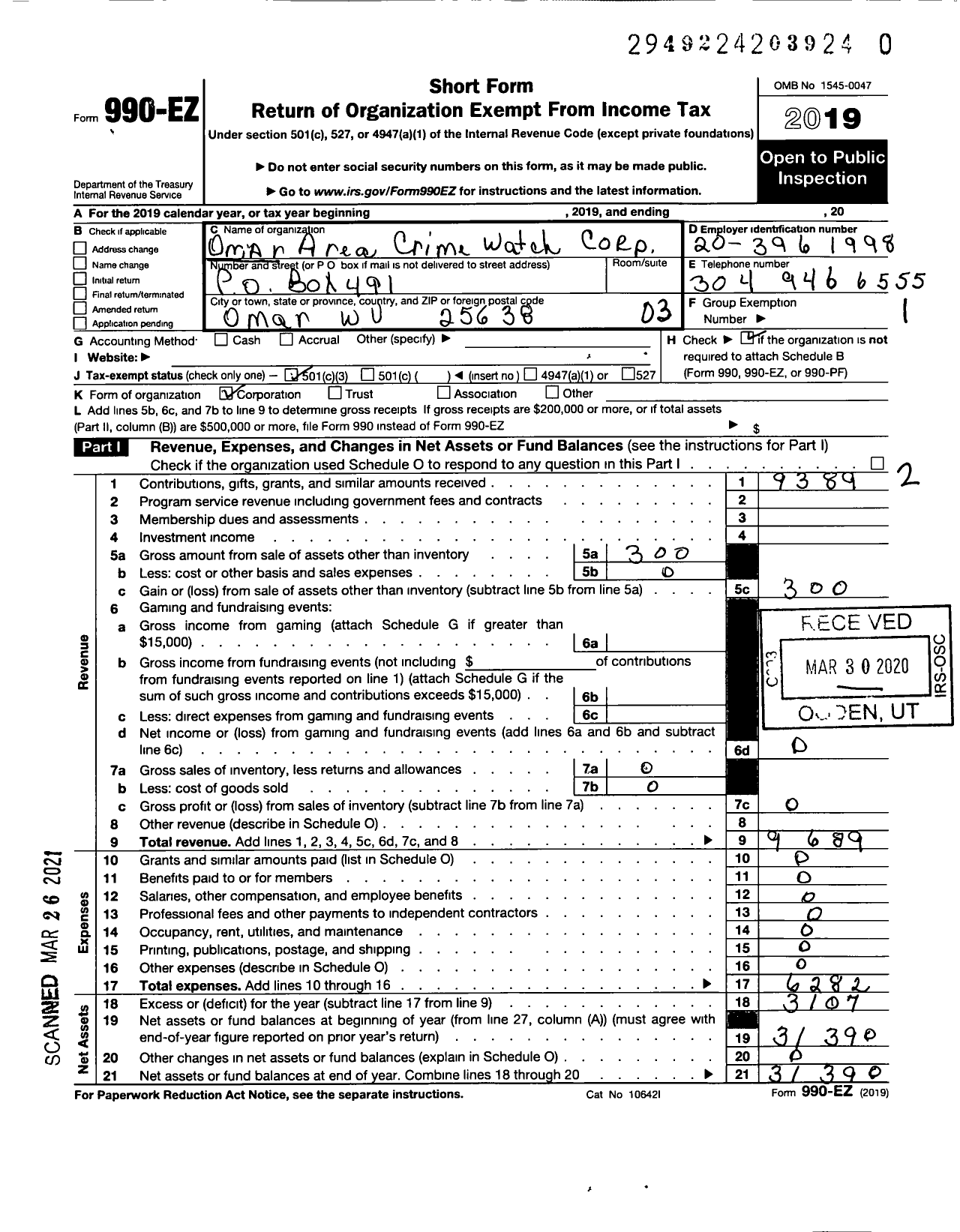 Image of first page of 2019 Form 990EZ for Omar Area Crime Watch (OACW)