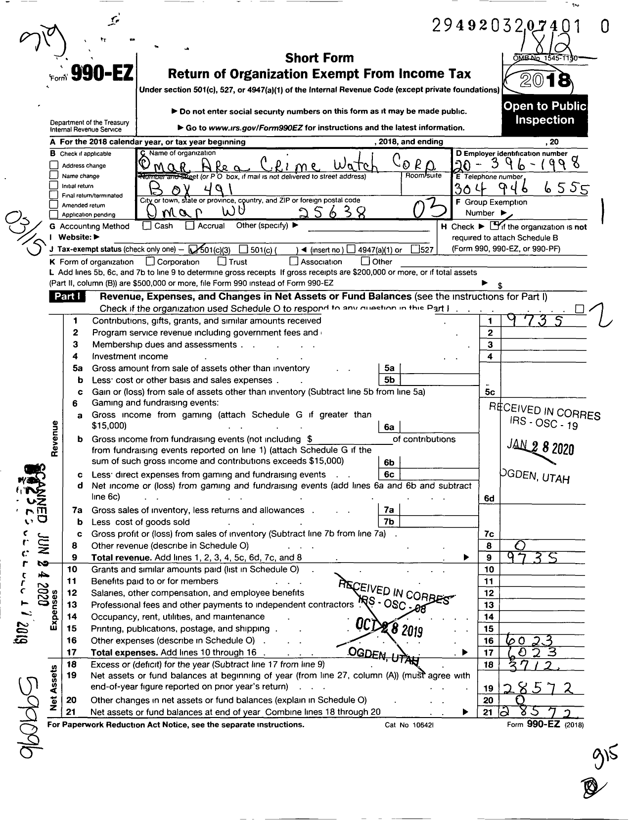 Image of first page of 2018 Form 990EZ for Omar Area Crime Watch (OACW)