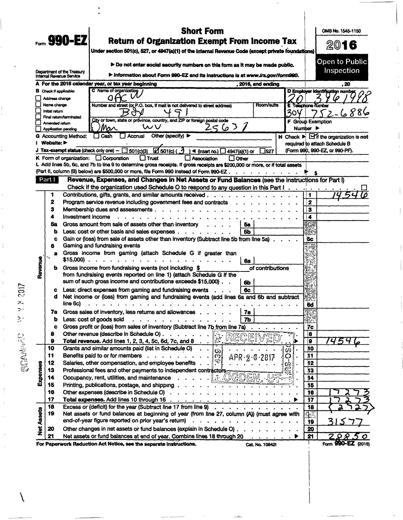 Image of first page of 2016 Form 990EO for Omar Area Crime Watch (OACW)