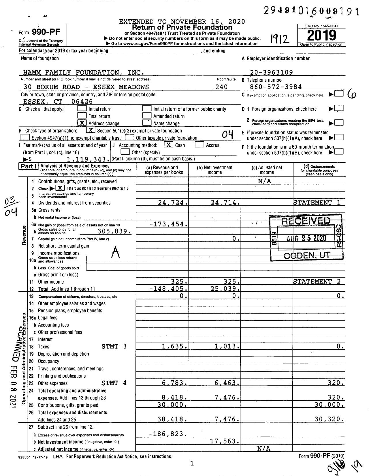 Image of first page of 2019 Form 990PF for Hamm Family Foundation