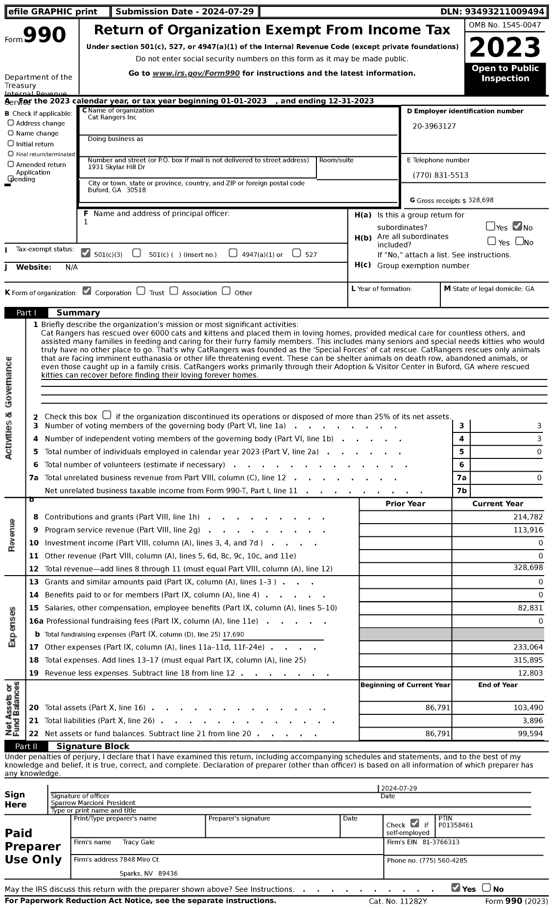 Image of first page of 2023 Form 990 for Cat Rangers