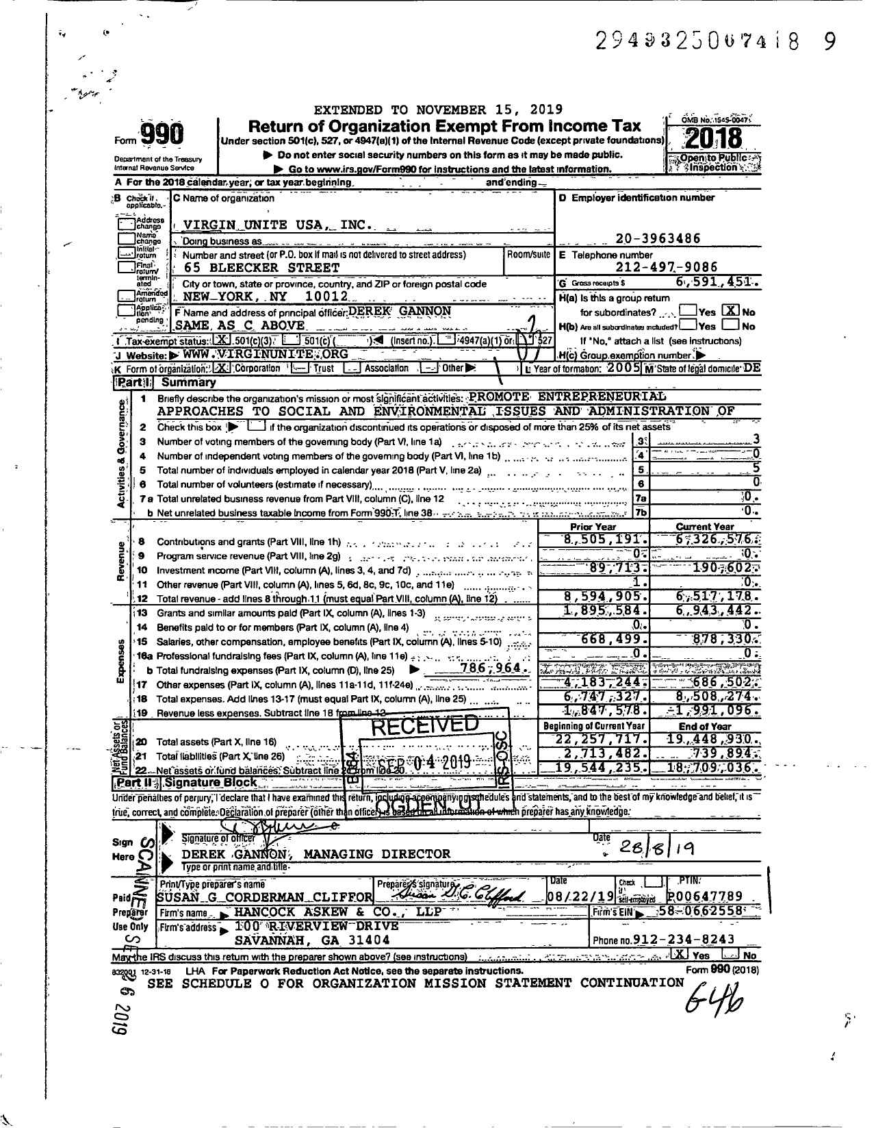 Image of first page of 2018 Form 990 for Virgin Unite USA