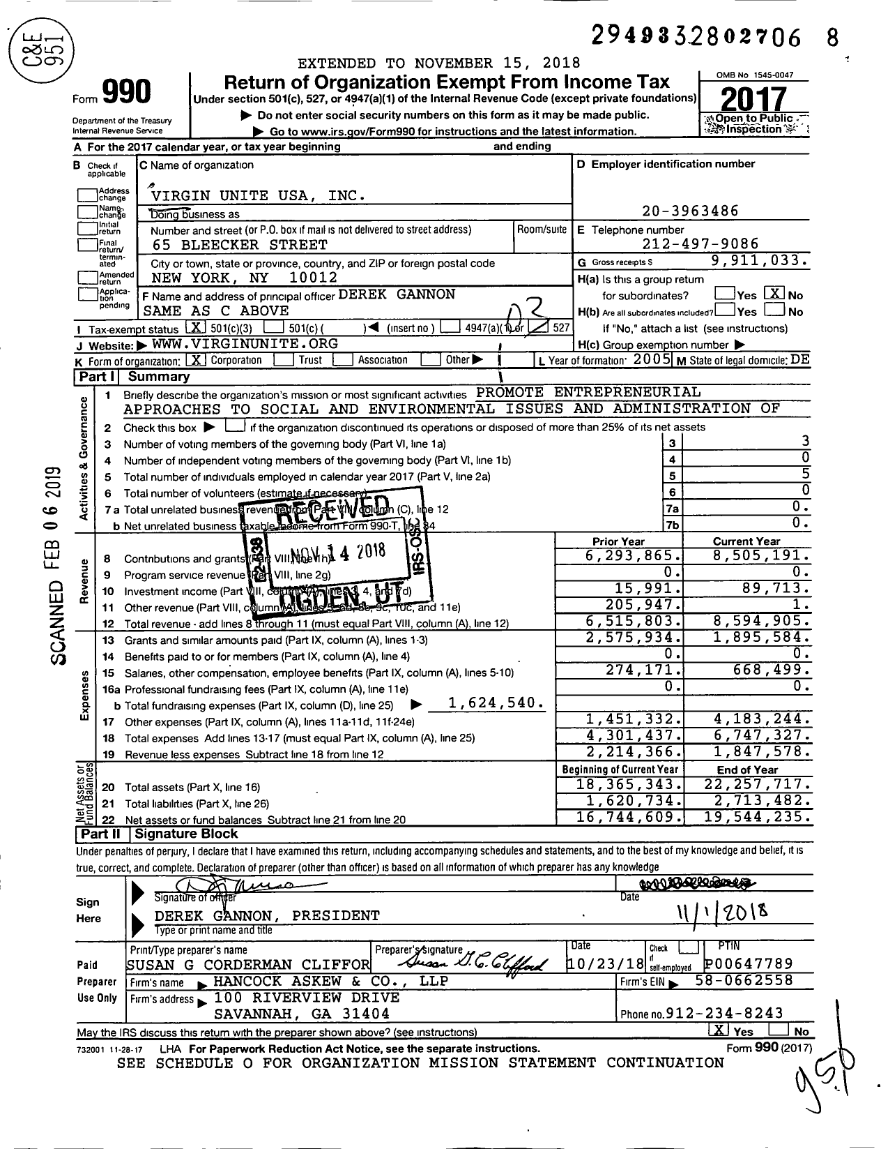 Image of first page of 2017 Form 990 for Virgin Unite USA
