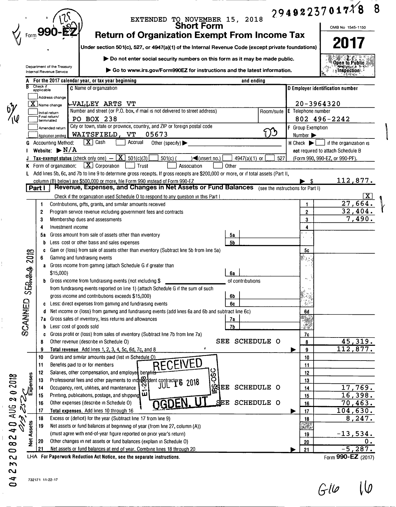 Image of first page of 2017 Form 990EZ for Mad River Valley Arts