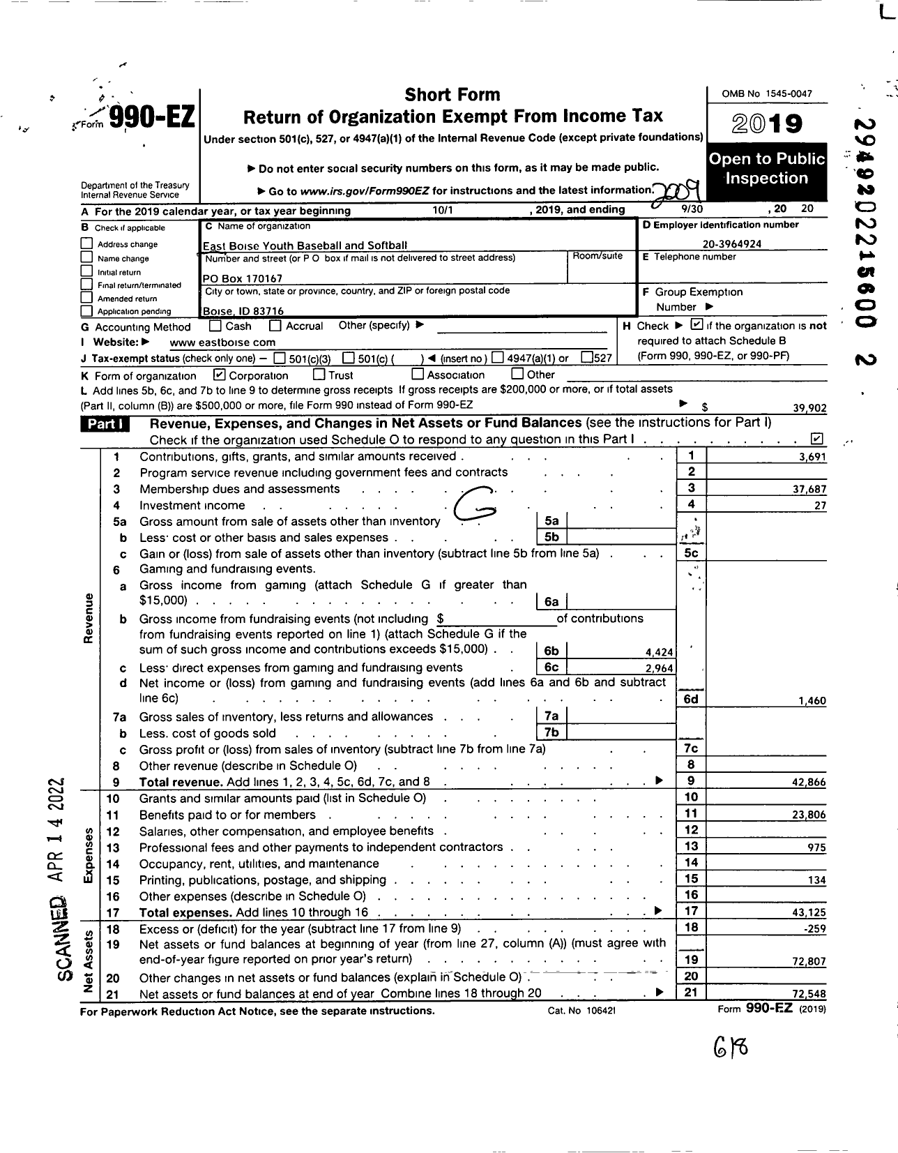 Image of first page of 2019 Form 990EO for East Boise Youth Baseball &softball