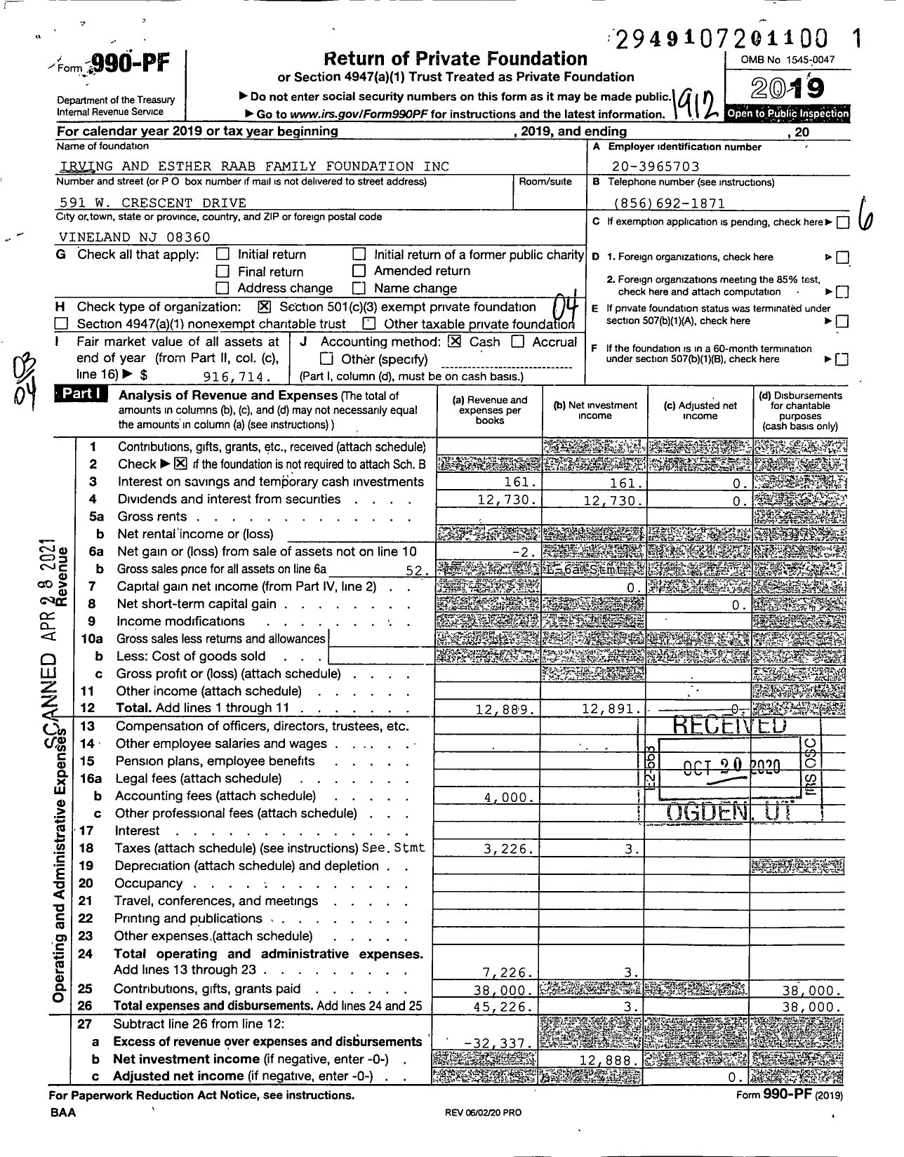 Image of first page of 2019 Form 990PF for Irving and Esther Raab Family Foundation