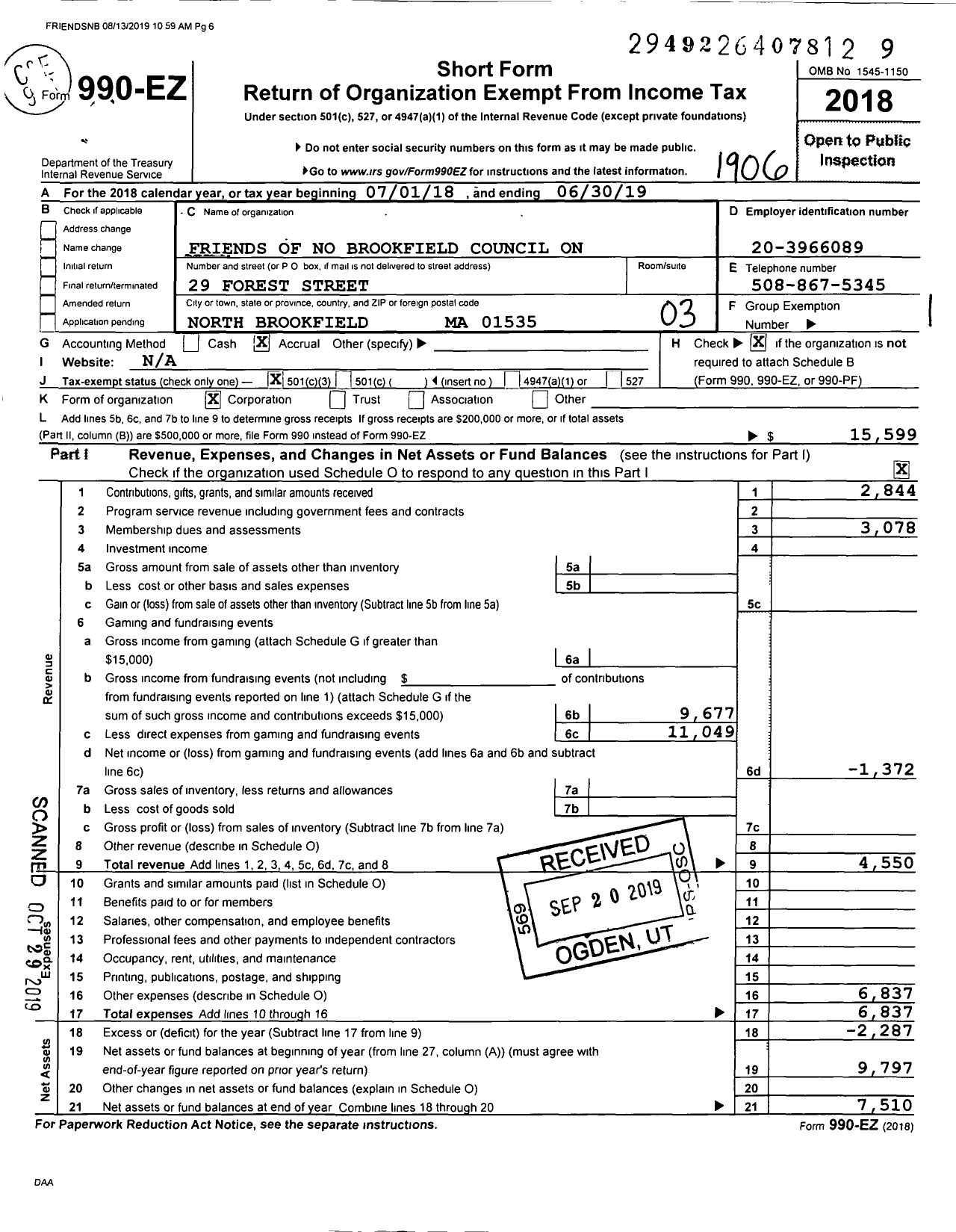 Image of first page of 2018 Form 990EZ for Friends of North Brookfield Council on Aging