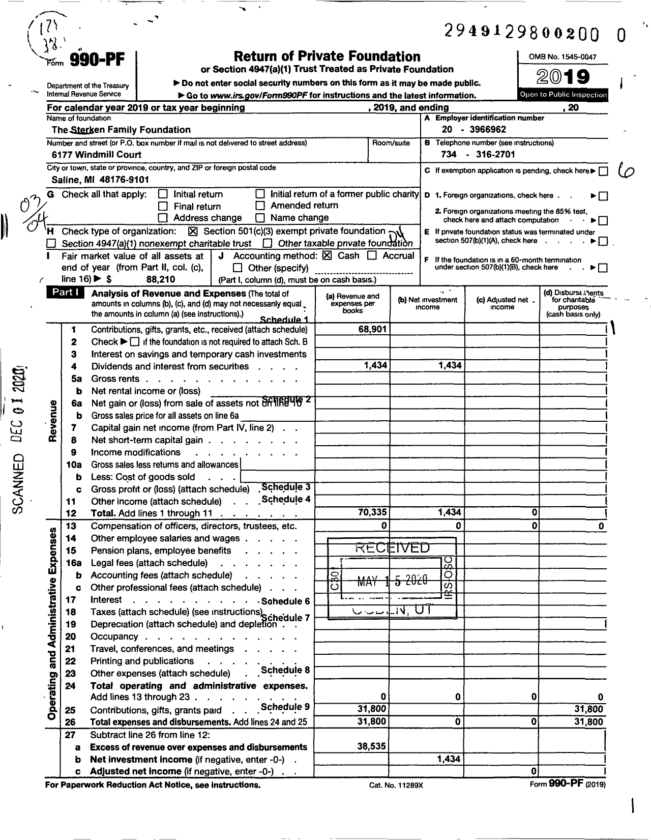 Image of first page of 2019 Form 990PF for Sterken Family Foundation