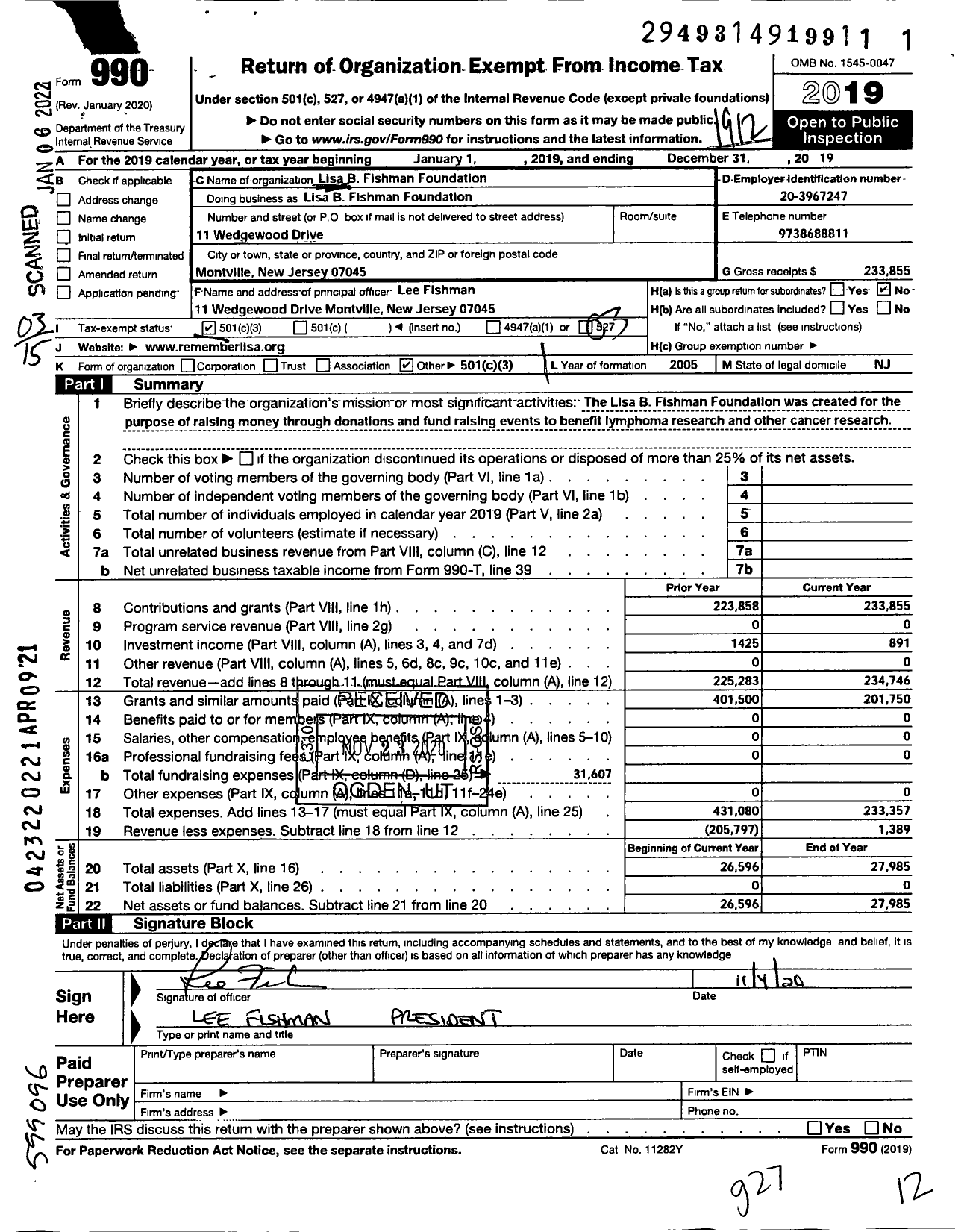 Image of first page of 2019 Form 990 for Lisa B Fishman Foundation