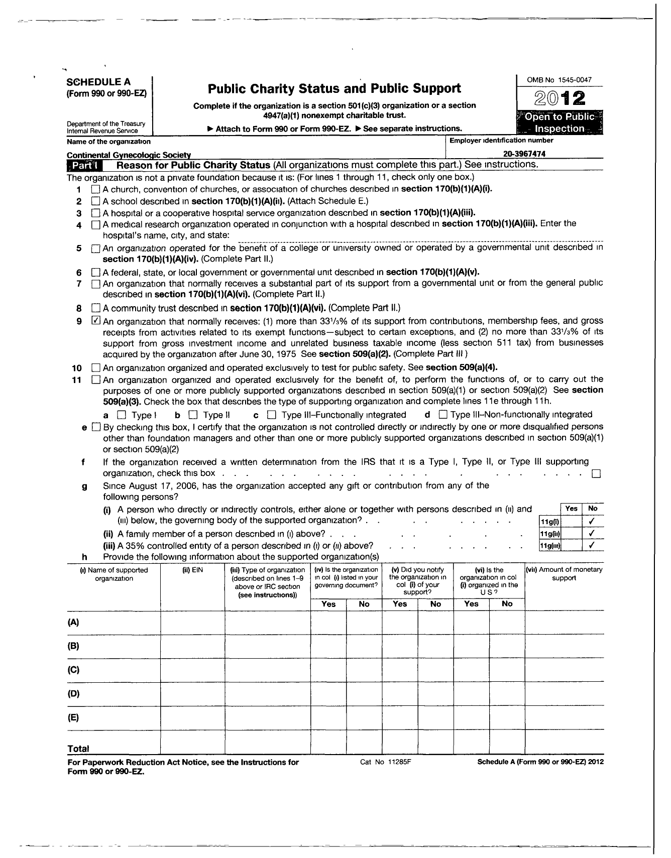 Image of first page of 2012 Form 990R for Continental Gynecologic Society