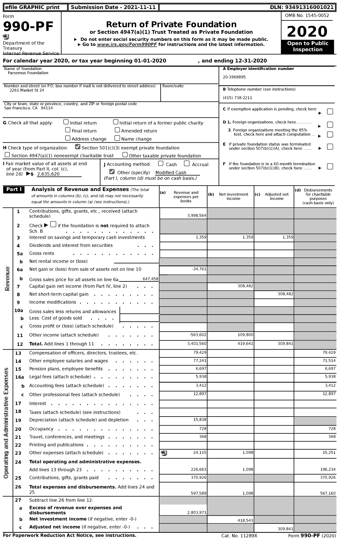 Image of first page of 2020 Form 990PF for Parsemus Foundation