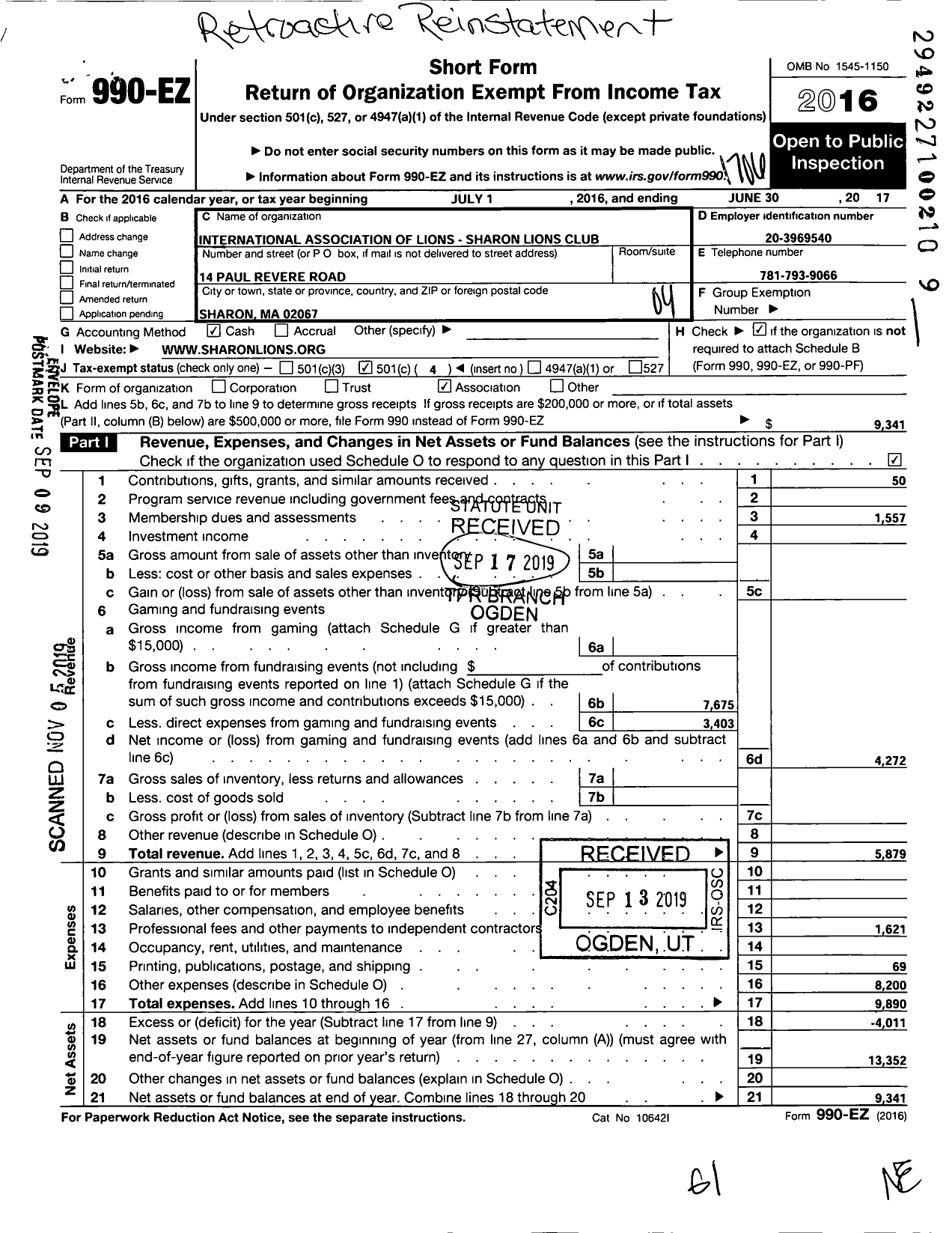 Image of first page of 2016 Form 990EO for Sharon Lions Club Charitable Fund