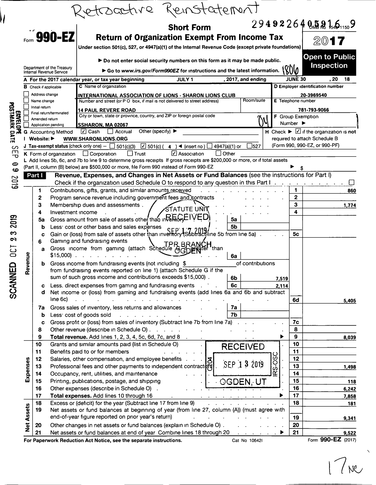 Image of first page of 2017 Form 990EO for Sharon Lions Club Charitable Fund