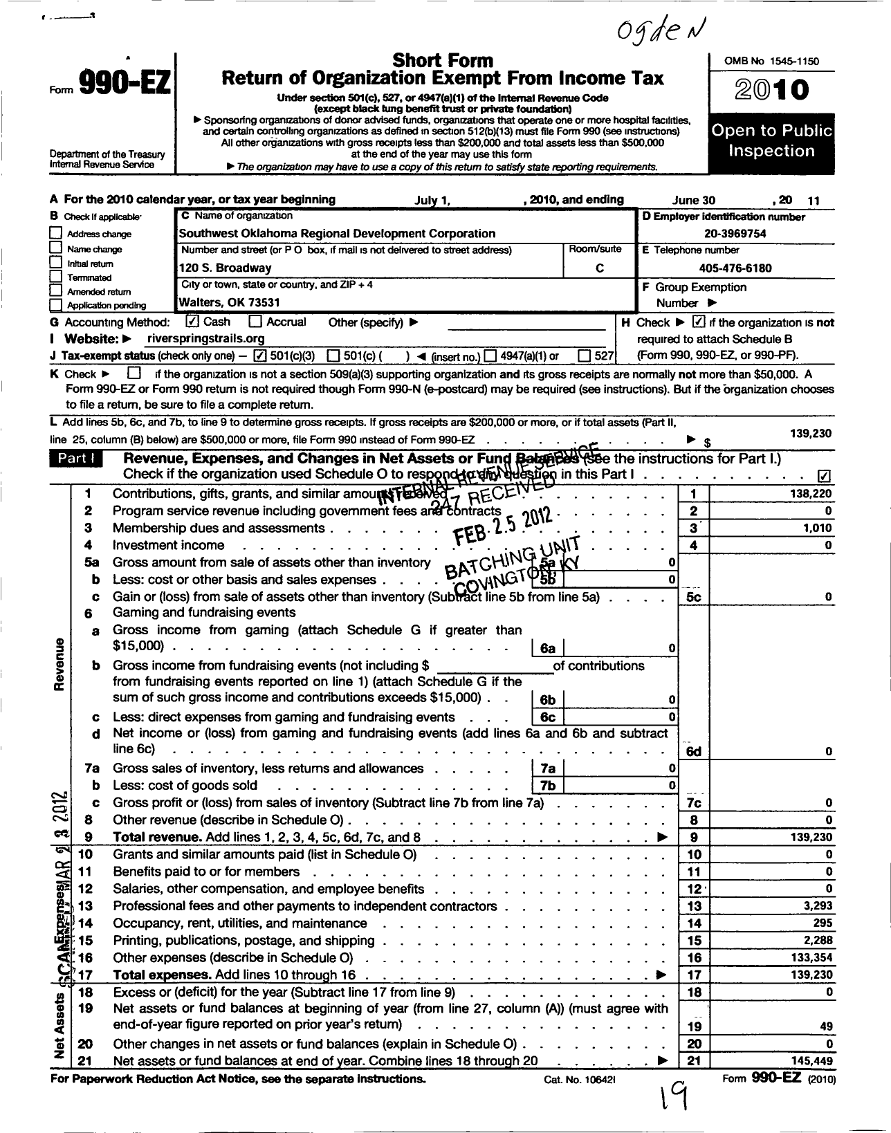 Image of first page of 2010 Form 990EZ for Southwest Oklahoma Regional Development Corporation
