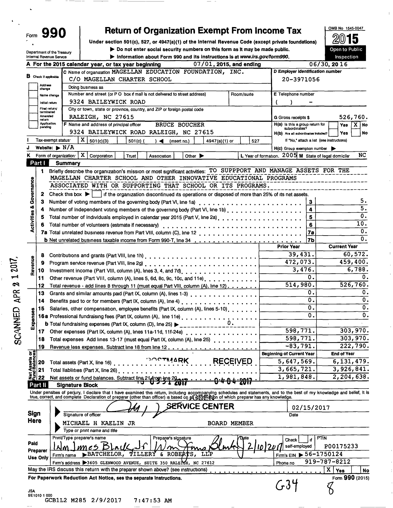 Image of first page of 2015 Form 990 for Magellan Education Foundation