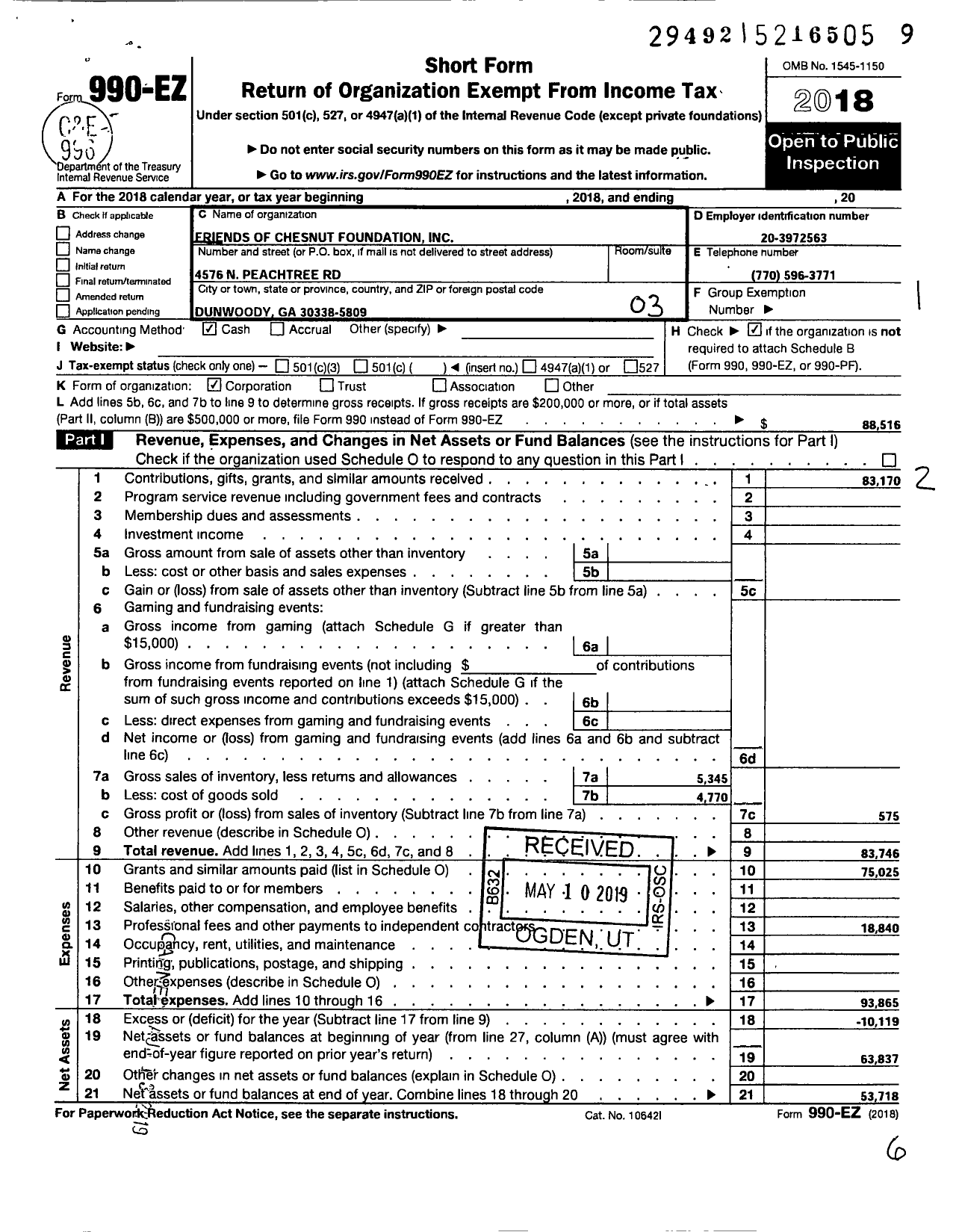 Image of first page of 2018 Form 990EZ for Friends of Chesnut Foundation