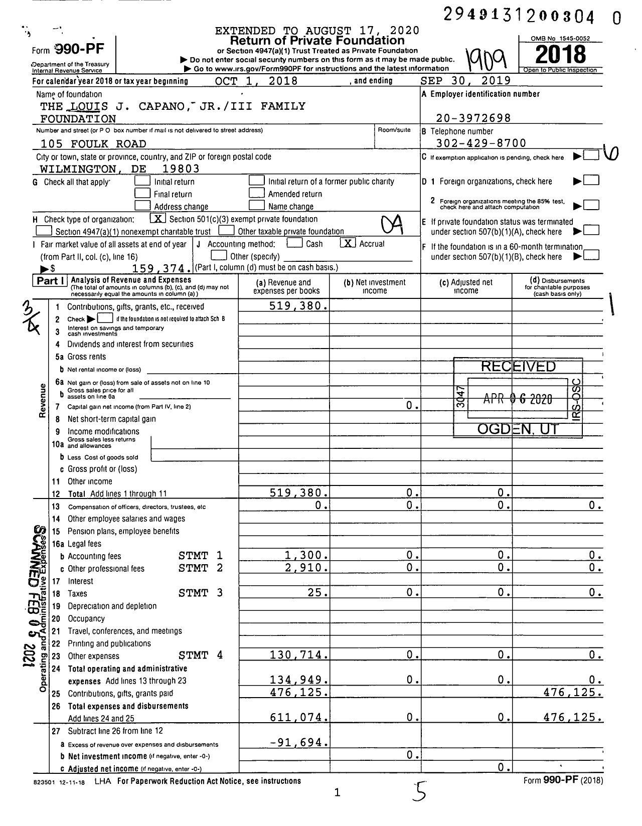 Image of first page of 2018 Form 990PF for The Louis J Capano Jriii Family Foundation