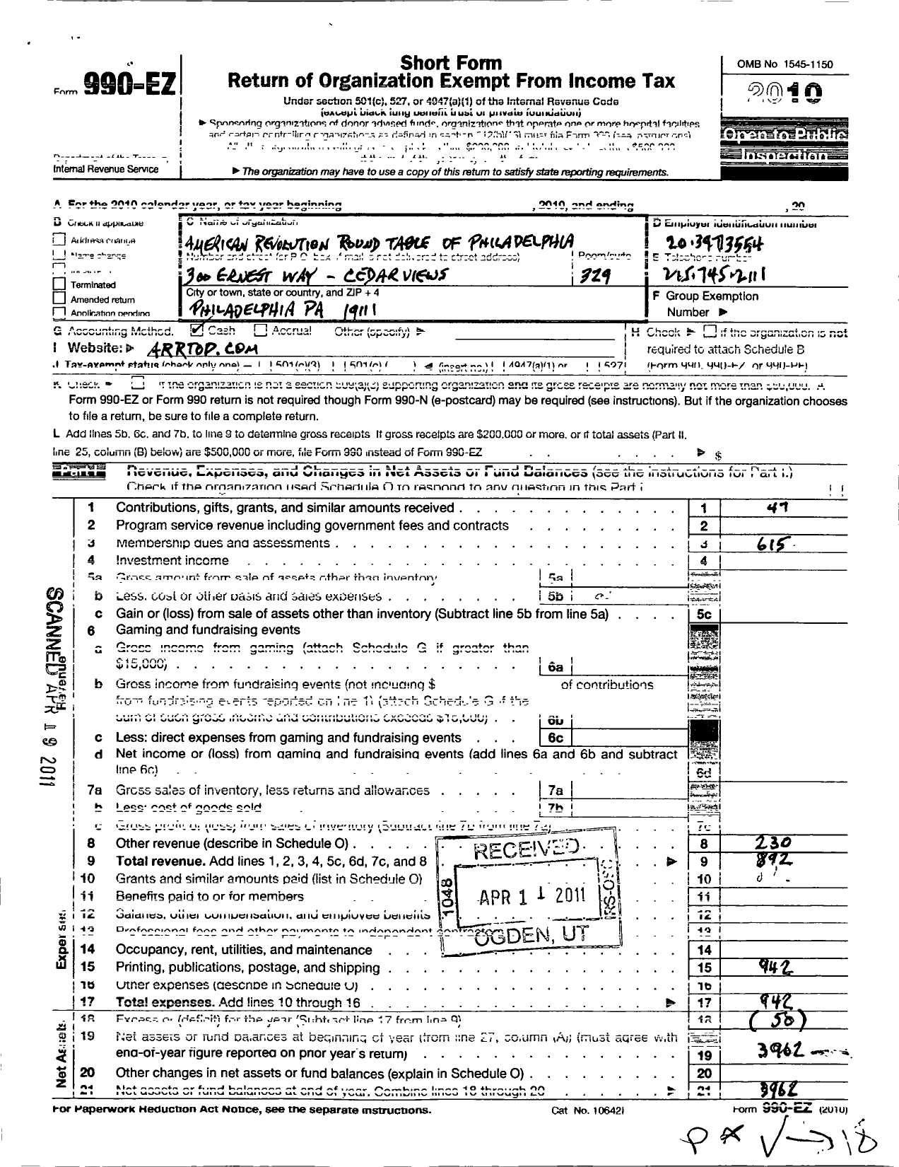 Image of first page of 2010 Form 990EO for American Revolution Round Table of Philadelphia