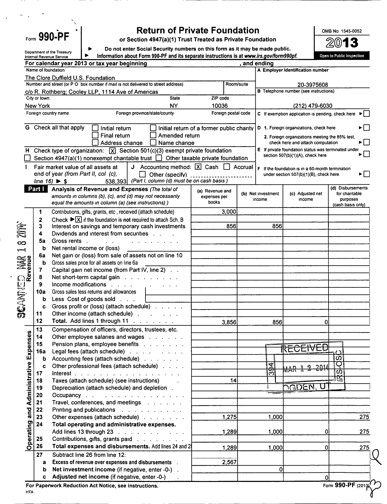 Image of first page of 2013 Form 990PF for Clore Duffield Us Foundation