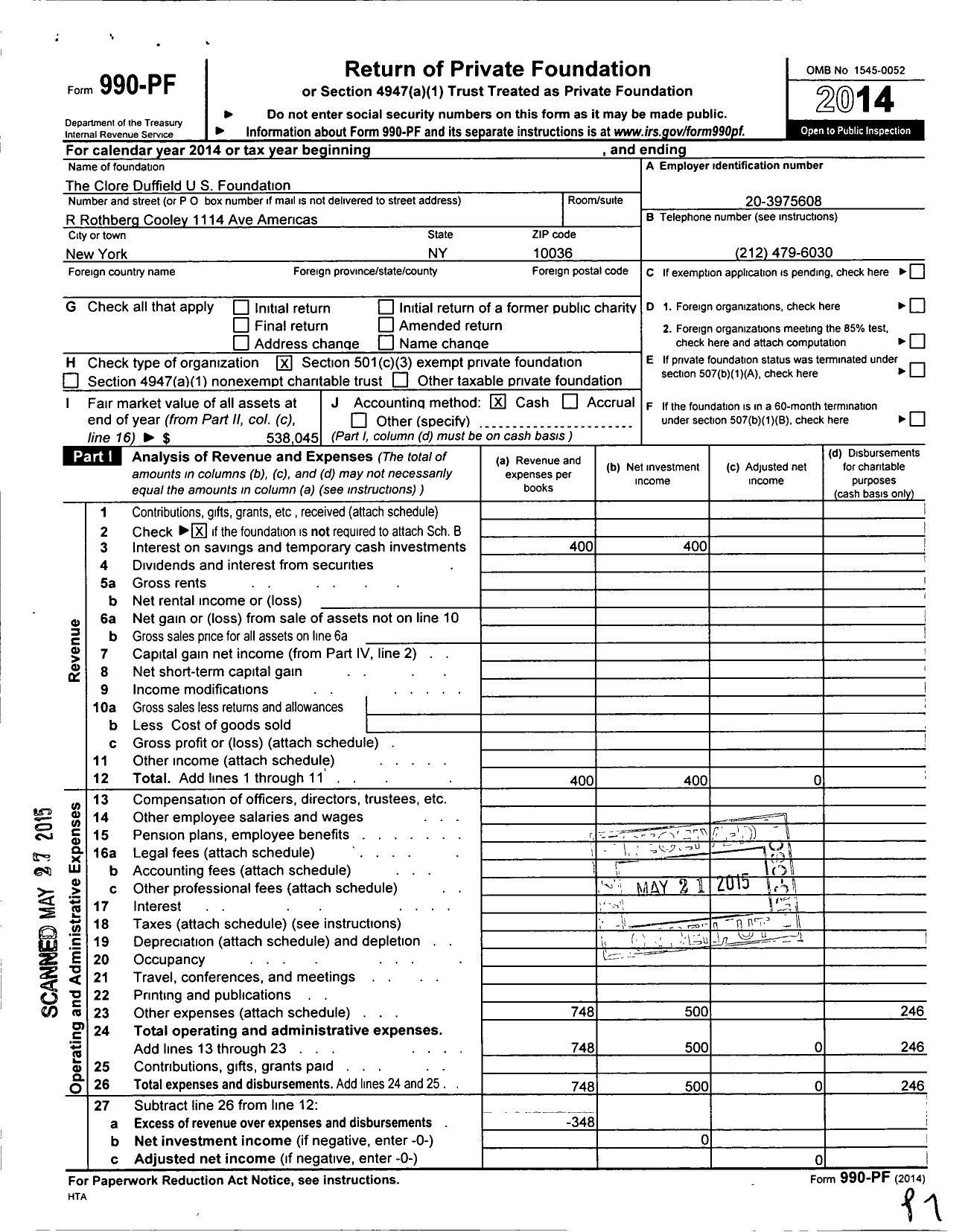 Image of first page of 2014 Form 990PF for Clore Duffield Us Foundation