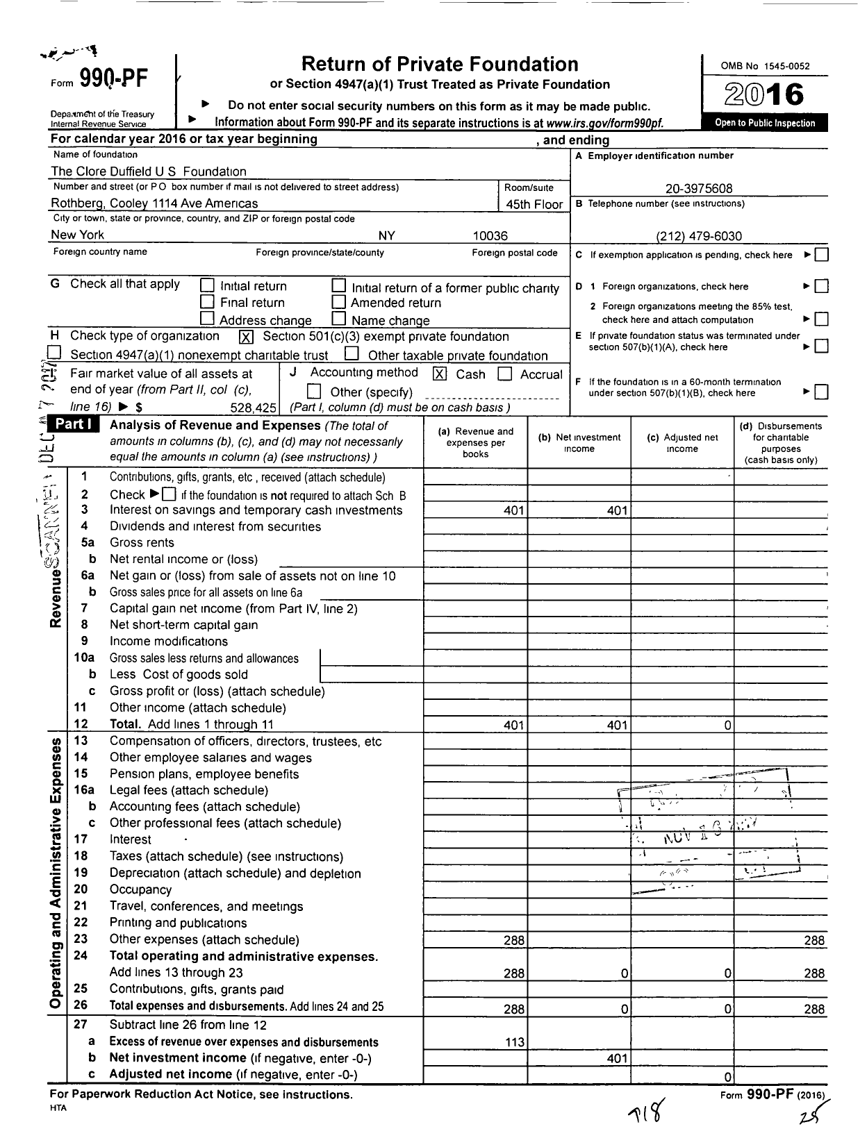 Image of first page of 2016 Form 990PF for Clore Duffield Us Foundation