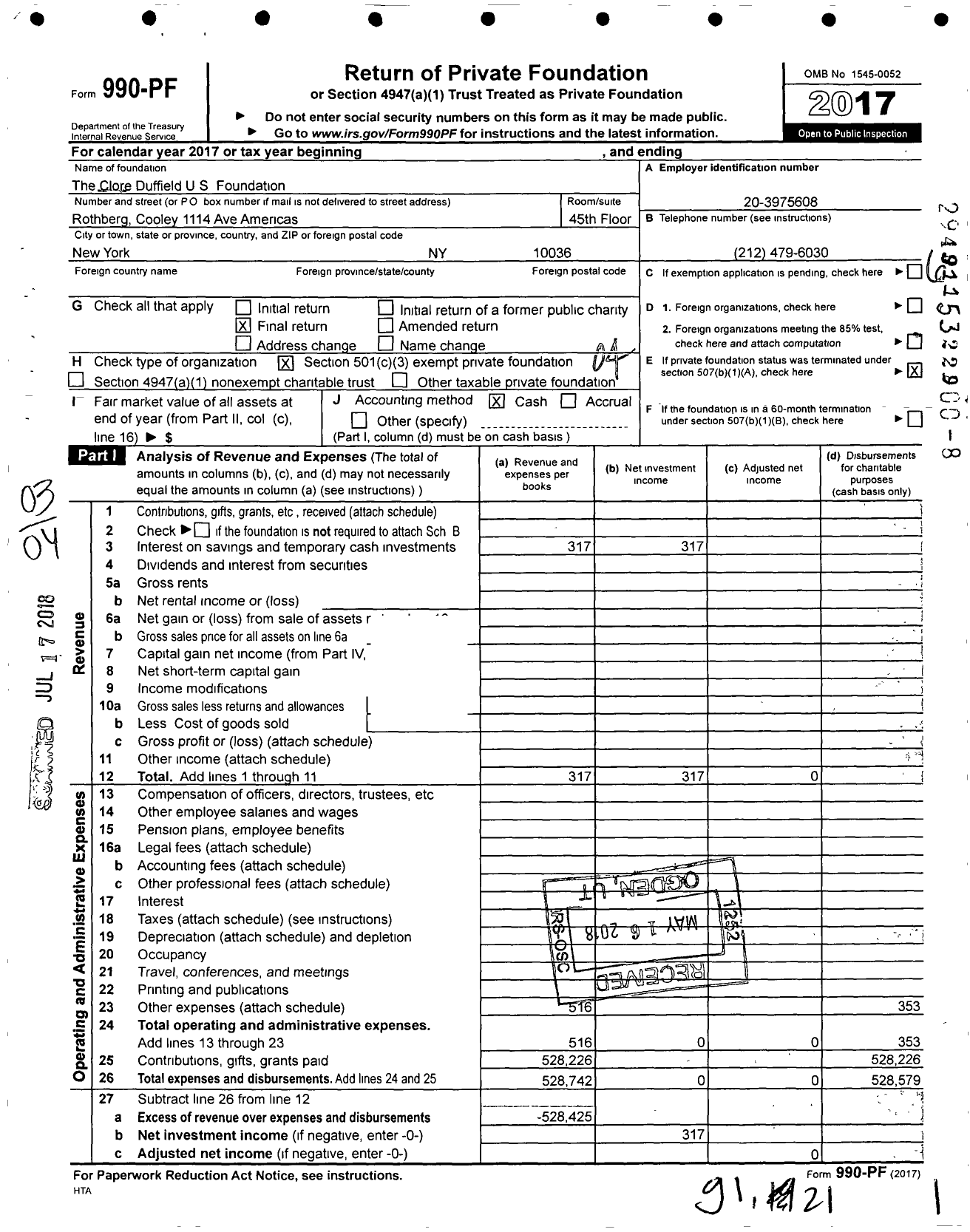Image of first page of 2017 Form 990PF for Clore Duffield Us Foundation